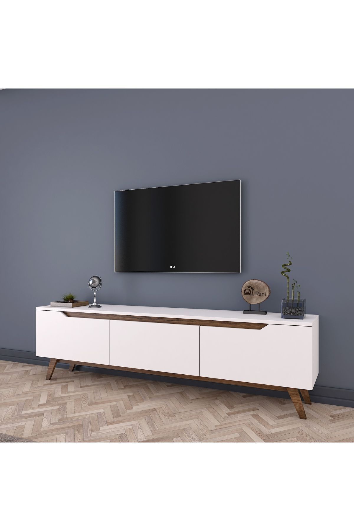 Rani Mobilya Rani D1 Tv Ünitesi Modern Ayaklı Tv Sehpası 180 Cm Beyaz - Minyatür Ceviz