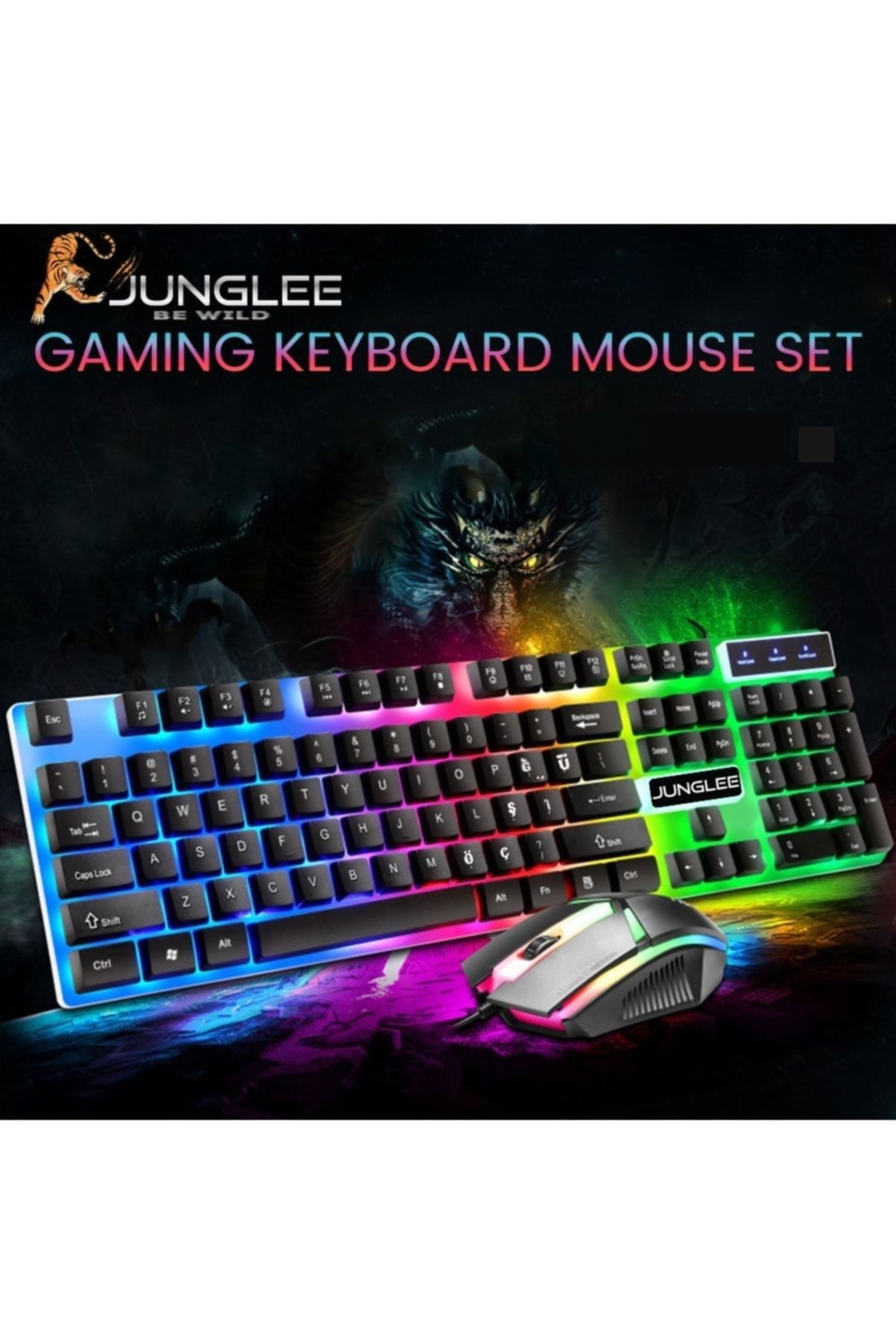 JUNGLEE Led Işıklı Oyuncu Klavye Mouse Seti Usb Girişli Kablolu J-1001