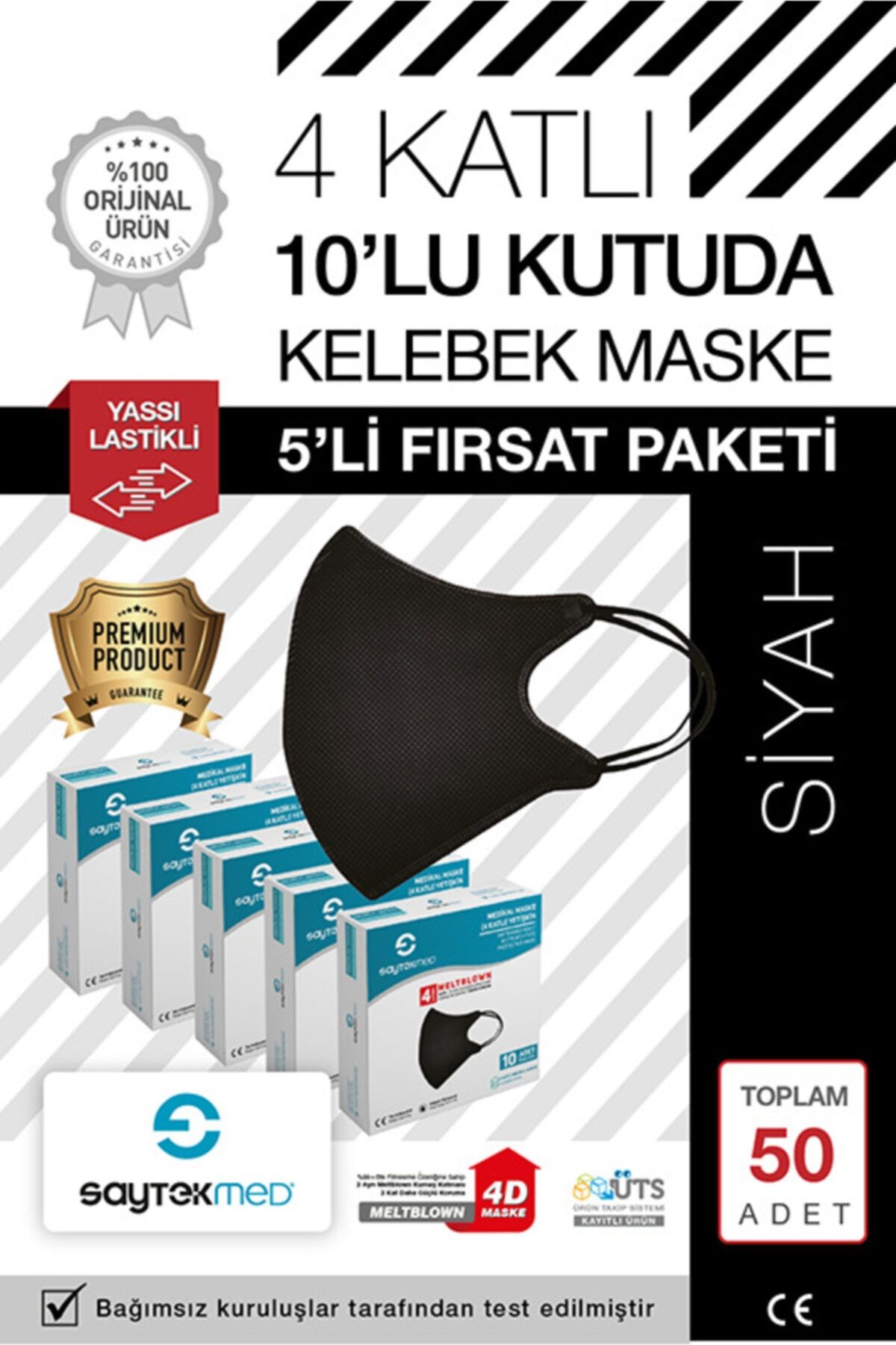 SAYTEKMED Özel Kelebek Tasarım, Iki Kat Meltblown, 4 Katlı Siyah Maske (50 Adet/5 Kutu)