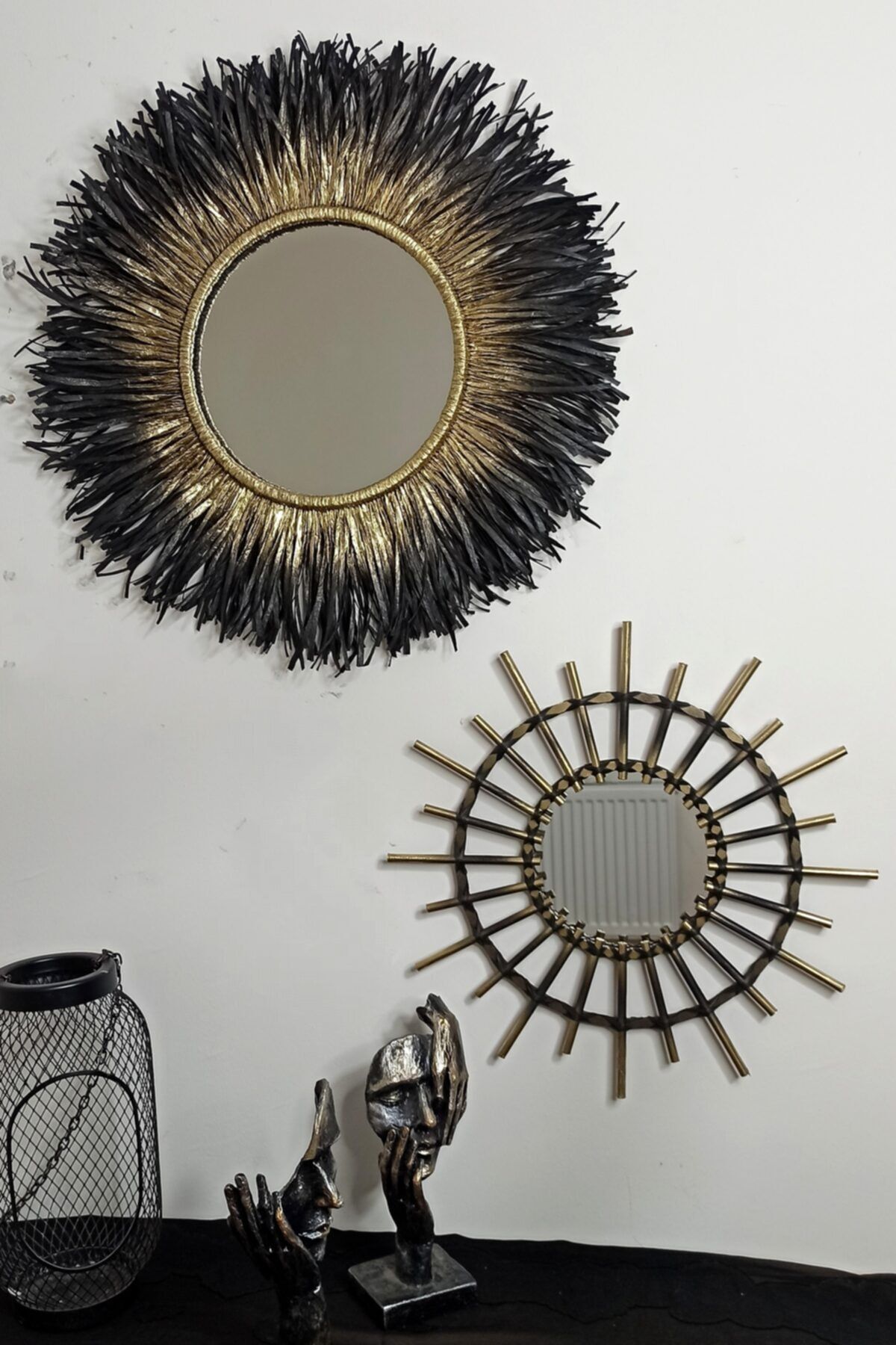 Bubihome Gold Detaylı Siyah Saçaklı Rafya & Bambu Çubuklu Ayna Ikili Set