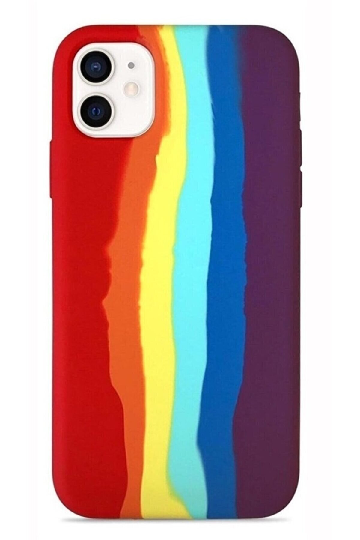 TrendCell Uyumlu Iphone 11 Tam Silinebilir Sıvı Silikon Rainbow Desenli Içi Kadife Silikon Kılıf