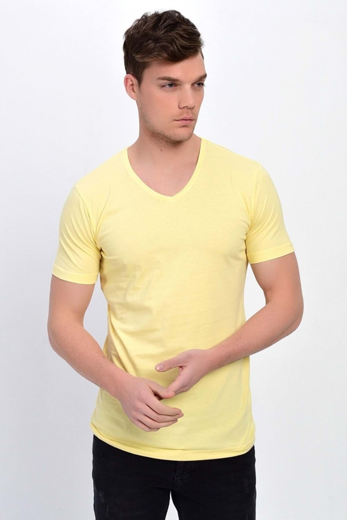 Dynamo Erkek Basic Likralı V-yaka T-shirt - T-339 - Sarı - Xl