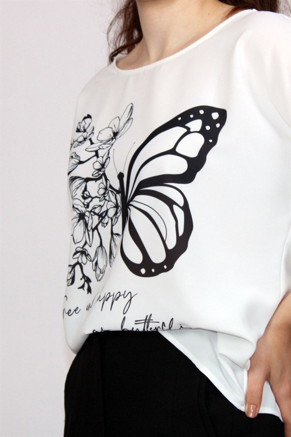 LUXXO Kadın Beyaz-siyah Kelebek Desenli Bluz Y0451