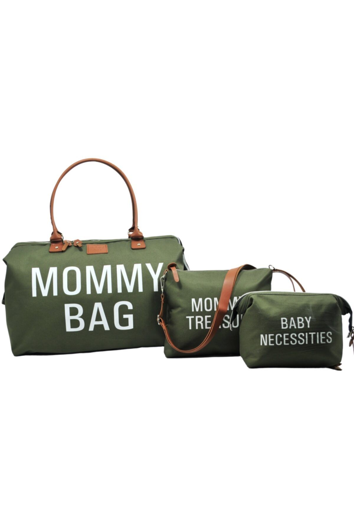 Babysi Mommy Bag Tasarım 3 Lü Set Haki Yeşil Anne Bebek Bakım Ve Kadın Çantası