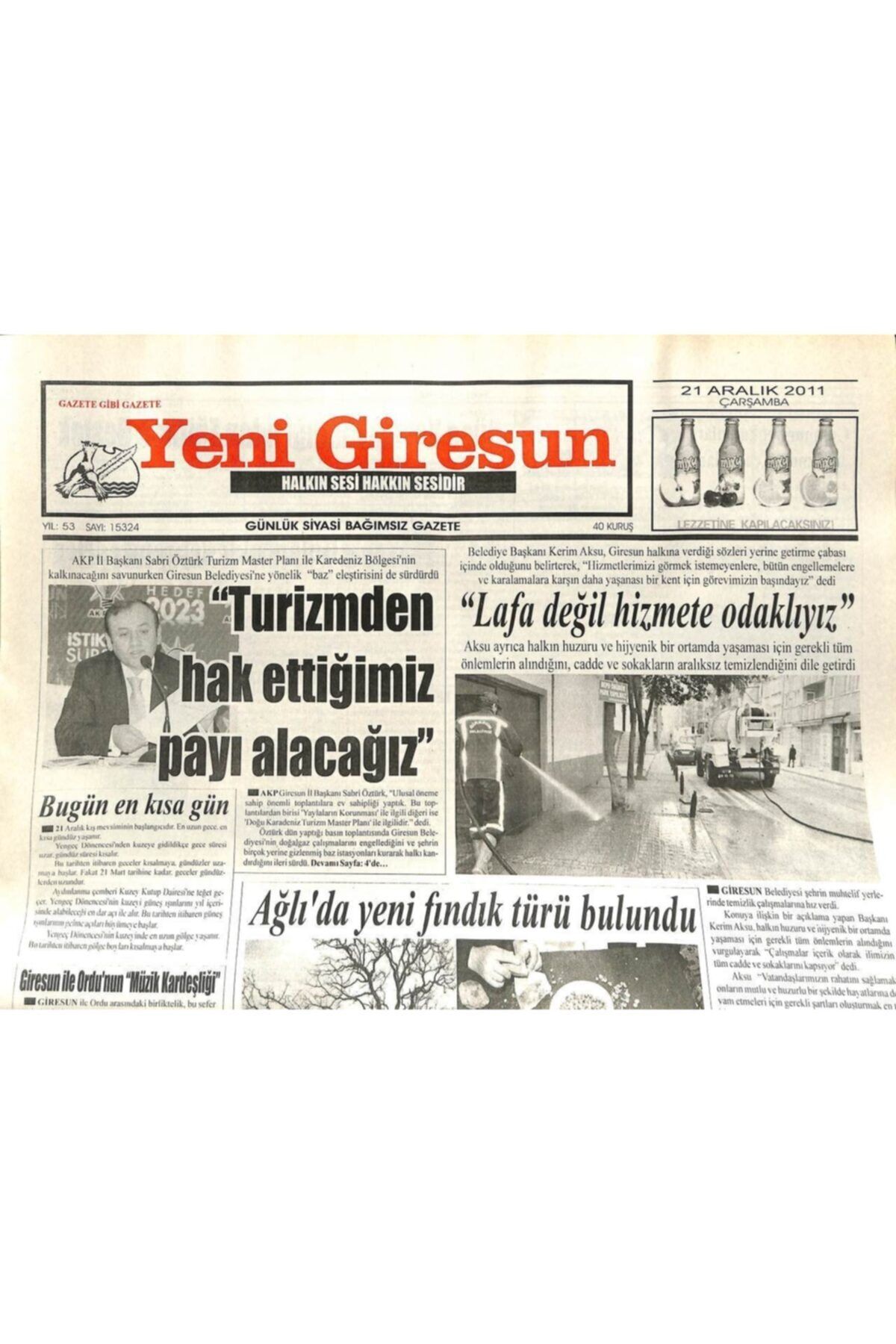 Gökçe Koleksiyon Yeni Giresun Gazetesi 21 Aralık 2011 - Turizmden Hak Ettiğimiz Payı Alacağız Gz108913