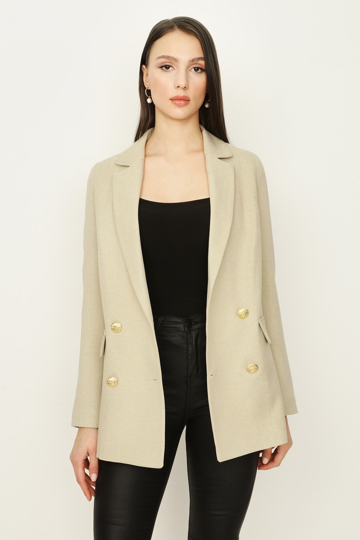Select Moda Kadın Ekru Gold Düğmeli Blazer Ceket