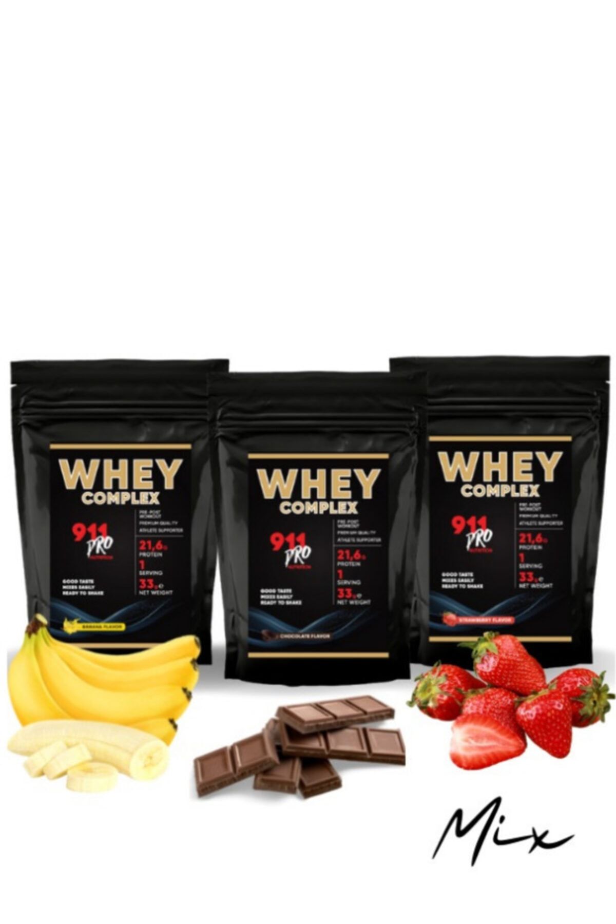 911 Pro Nutrition Whey Protein Complex 3'lü 33gr Mix Aroma Çikolata Çilek Muz