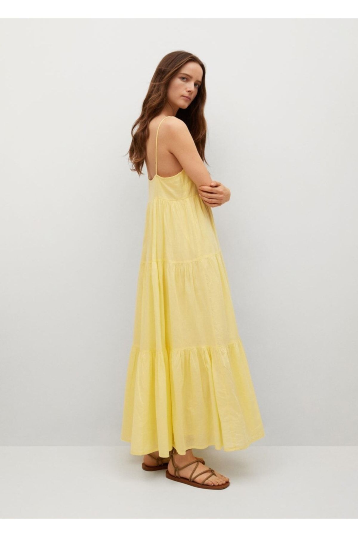 MANGO Kadın Sarı Fırfırlı Koton Elbise