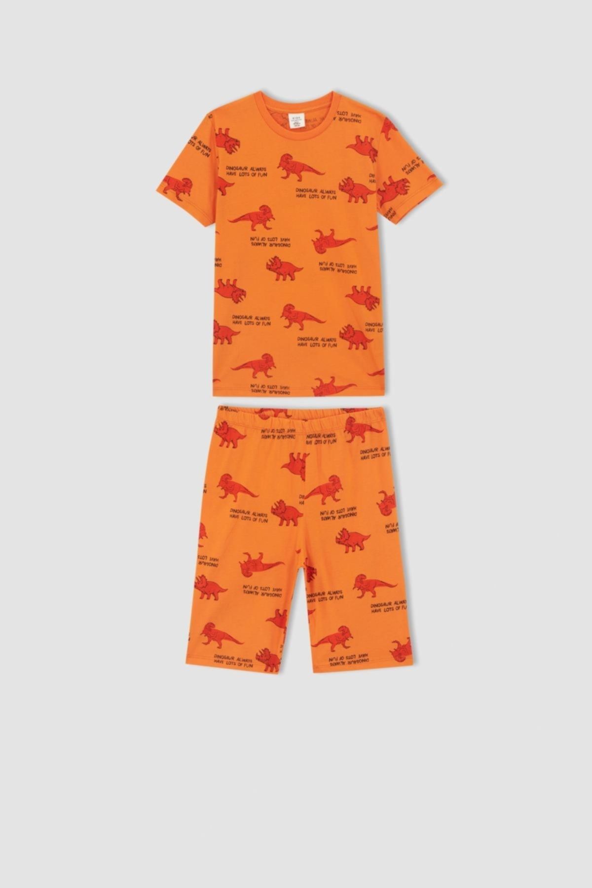 Defacto Erkek Çocuk Dinozor Desenli Kısa Kollu Pamuklu Pijama Takım