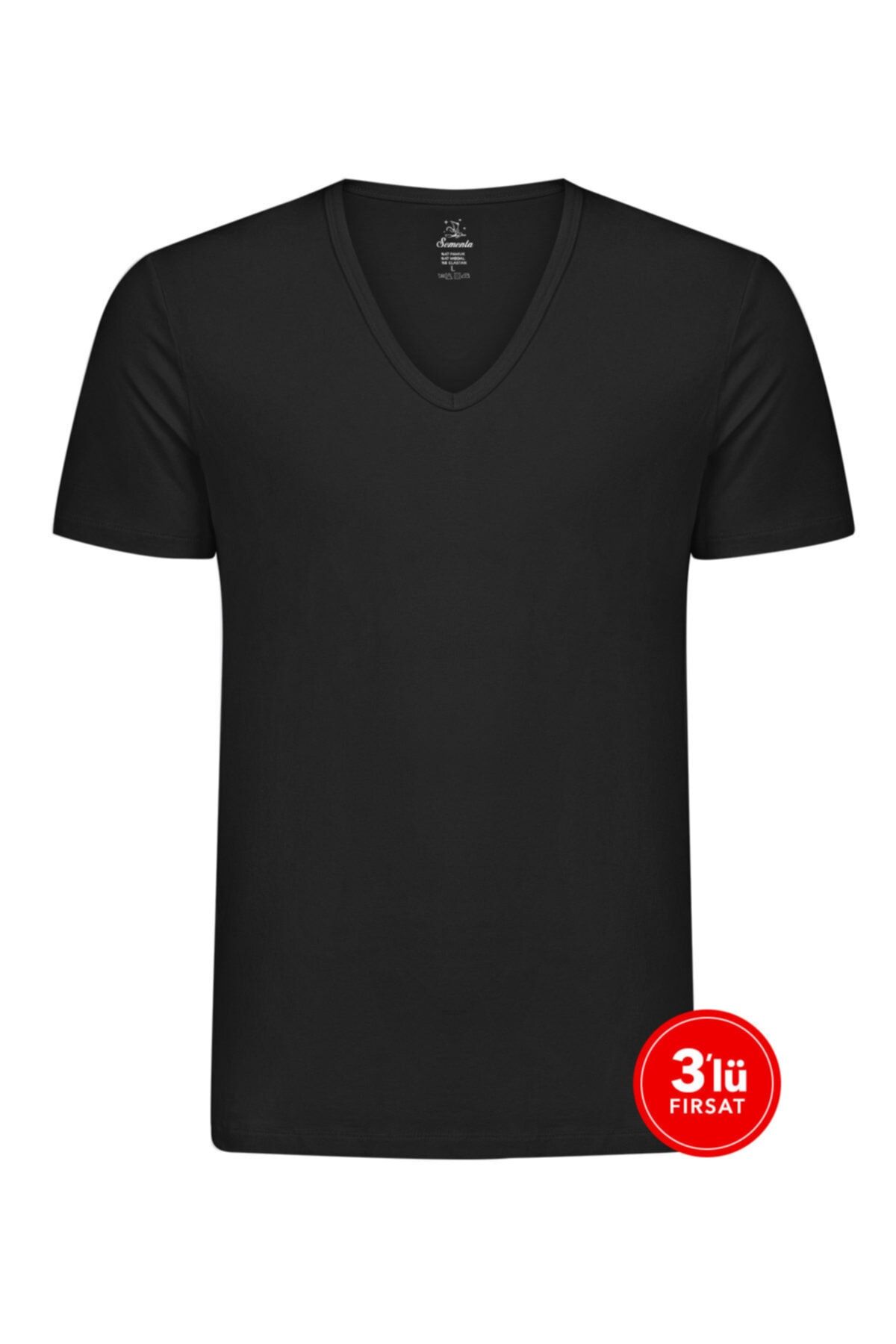 Sementa Erkek Modal Derin V Yaka Tshirt 3'lü Paket - Siyah