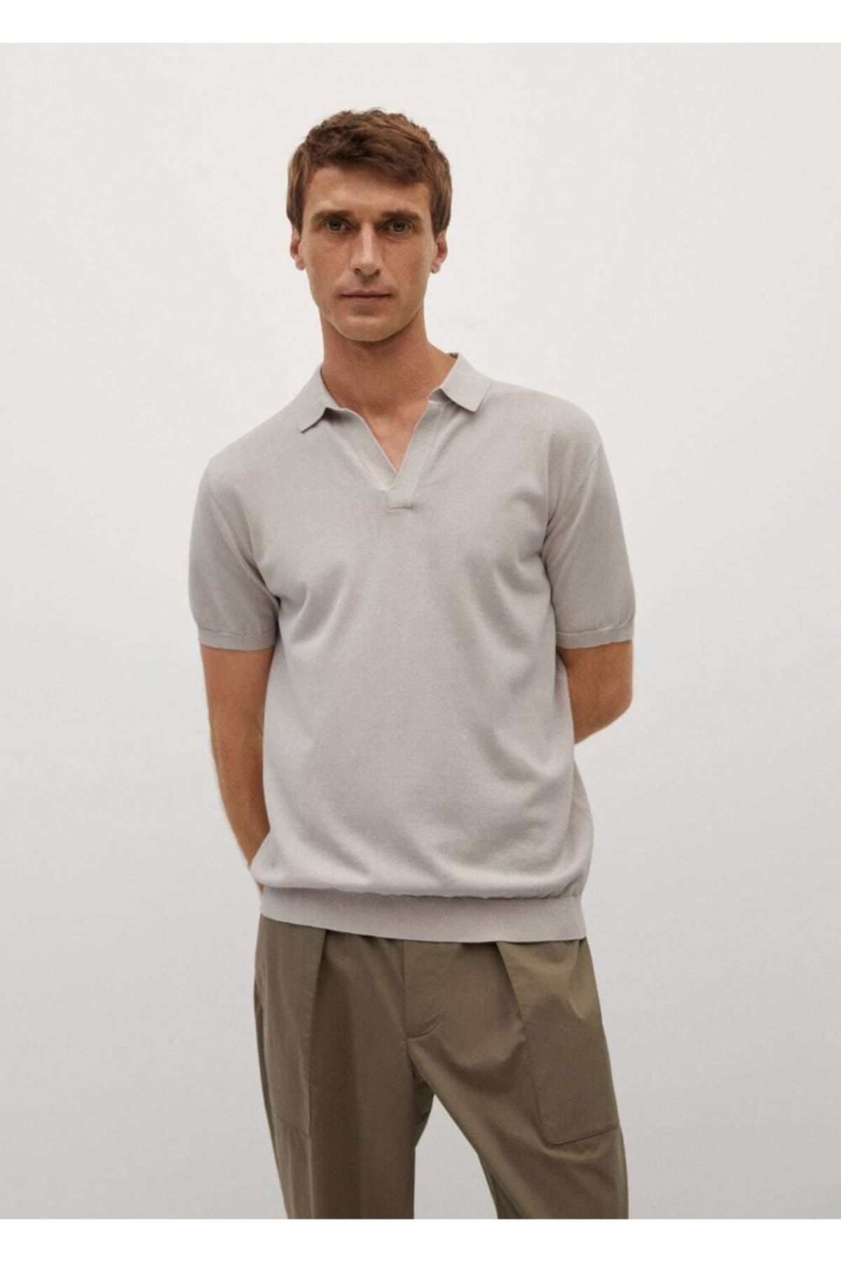 MANGO Man Erkek Açık/Pastel Gri Boyanmış Pamuklu Örme Polo Gömlek