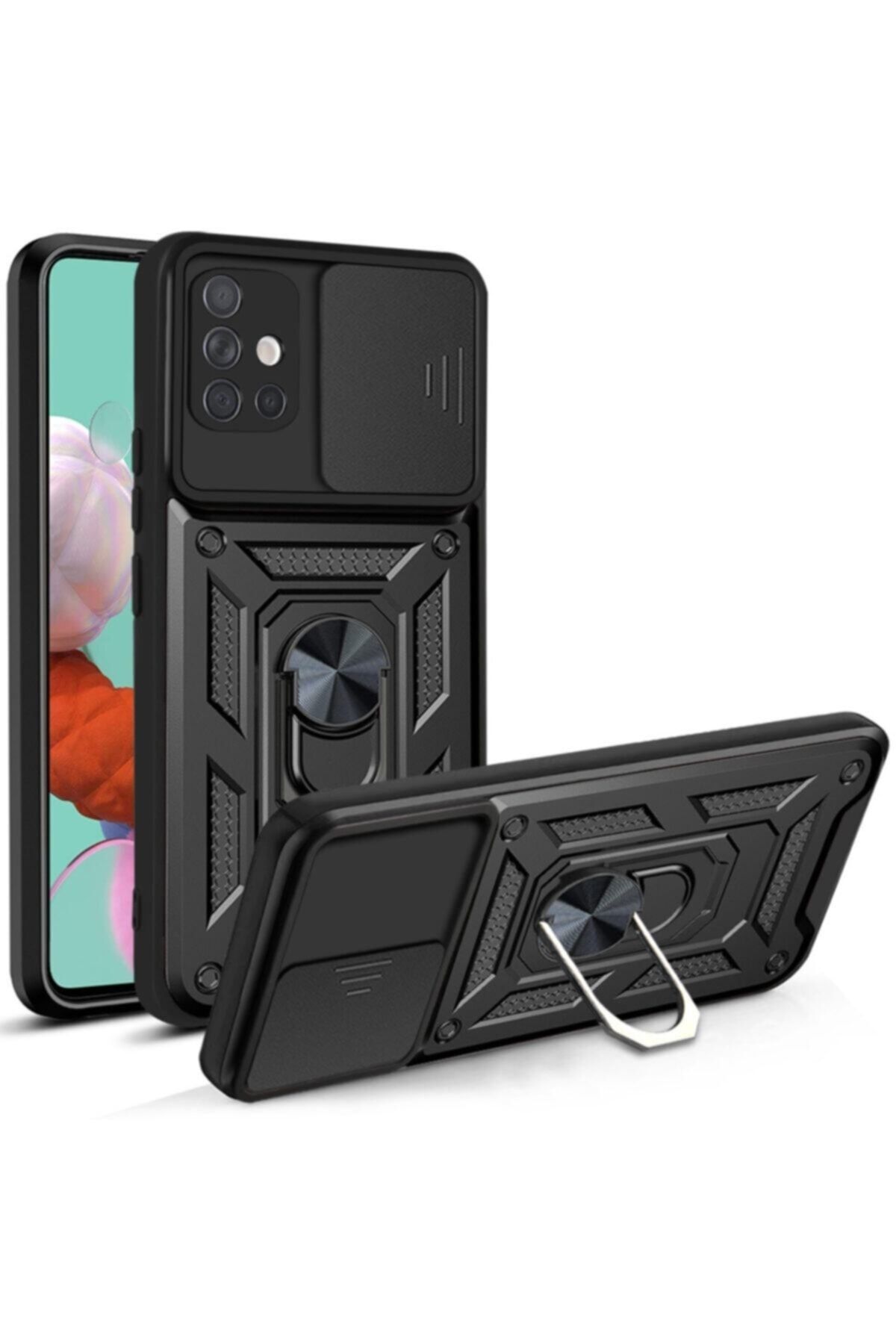 Fibaks Samsung Galaxy M51 Uyumlu Kılıf Kamera Korumalı Sürgülü Yüzüklü Armor Military Tank Zırh