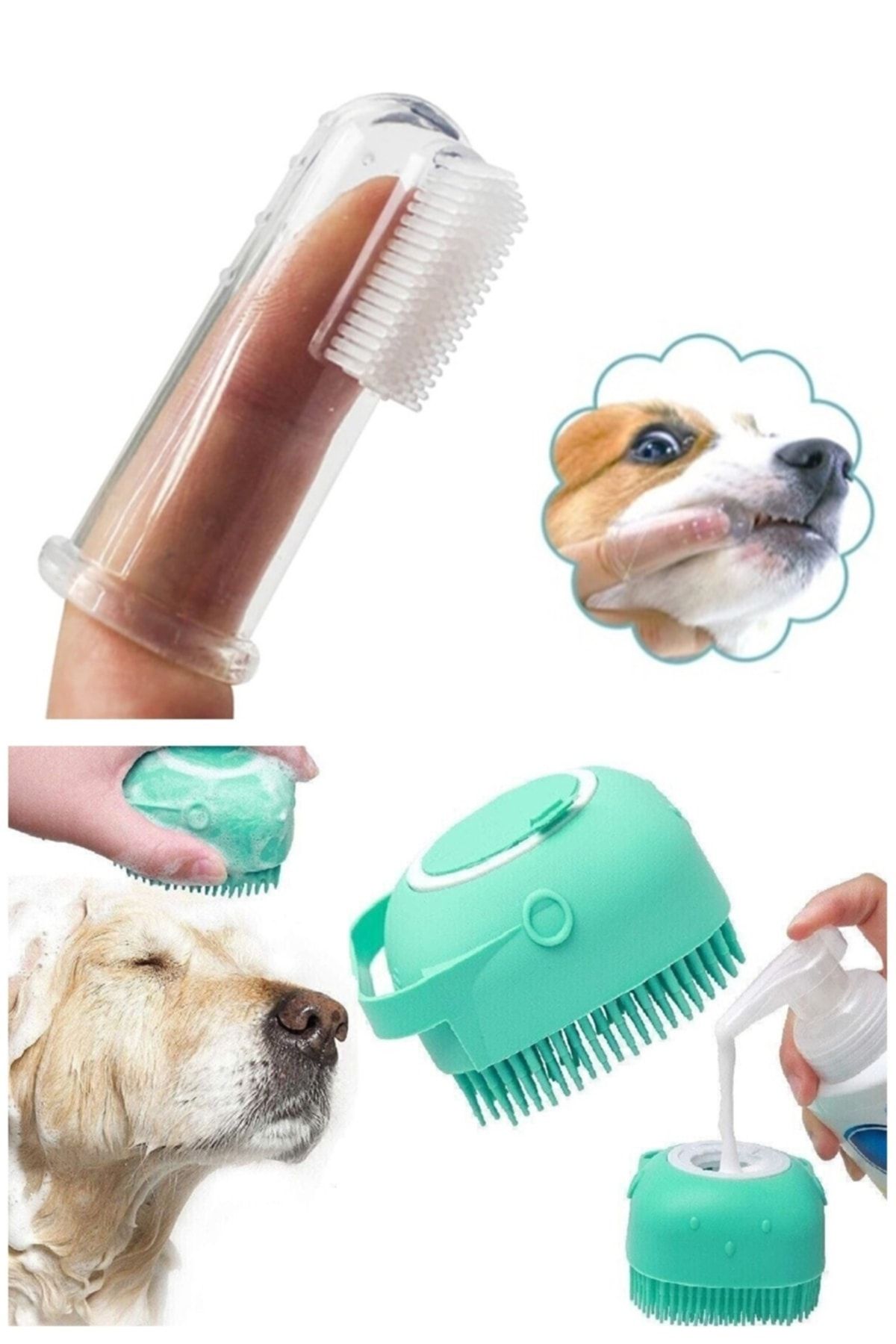 İndirimKap Silikon Kedi Ve Köpek Diş Fırçası Bakım Fırçası Yumuşak Ve Şampuan Hazneli Kedi Köpek Yıkama Fırçası