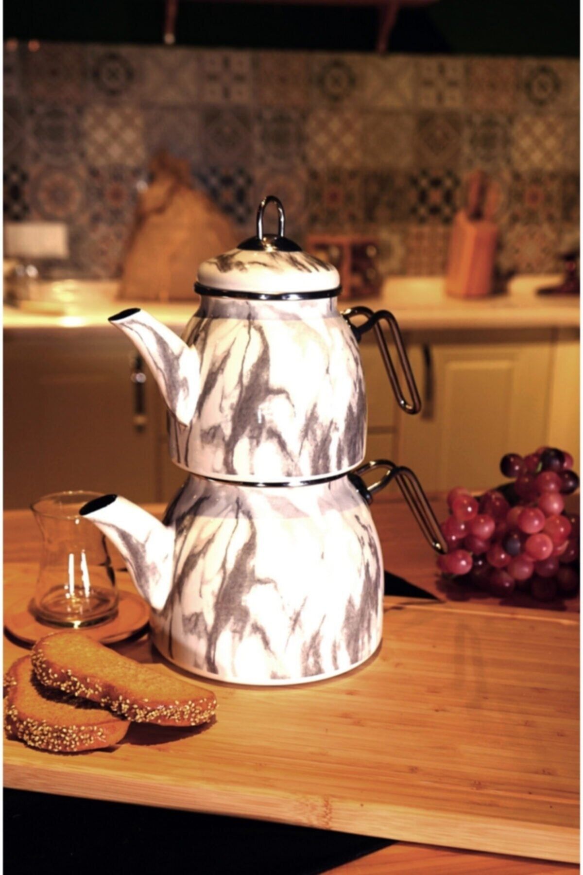 Taşev Kanuni Çaydanlık Takımı - Mermer Desenli Beyaz