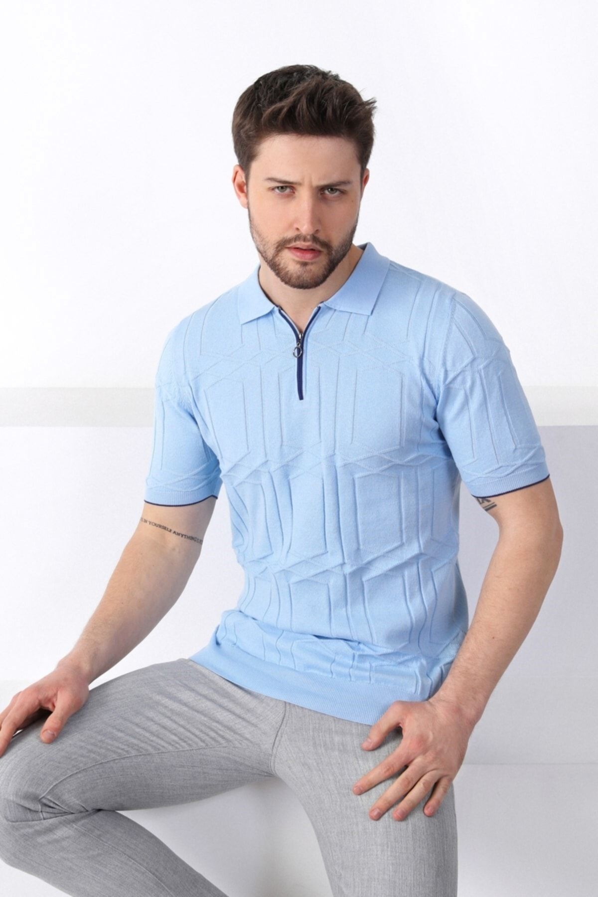 Ferraro Mavi Polo Yaka Fermuarlı %100 Pamuk Erkek Triko T-shirt