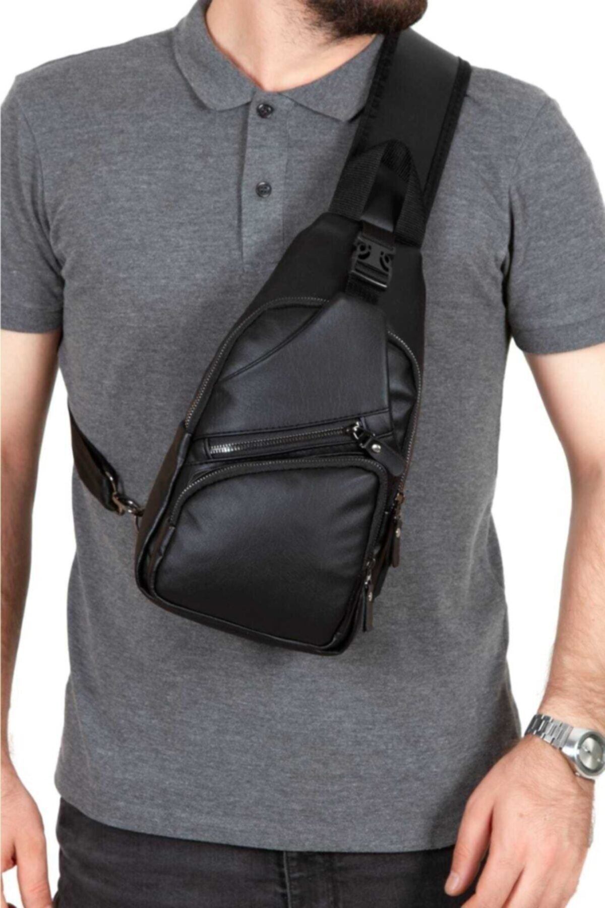 Newish Polo Meha Clup Unisex Body Bag Siyah Yıkama Deri Usb Kulaklık Çıkışlı Çapraz Askılı Bel Omuz Çantası