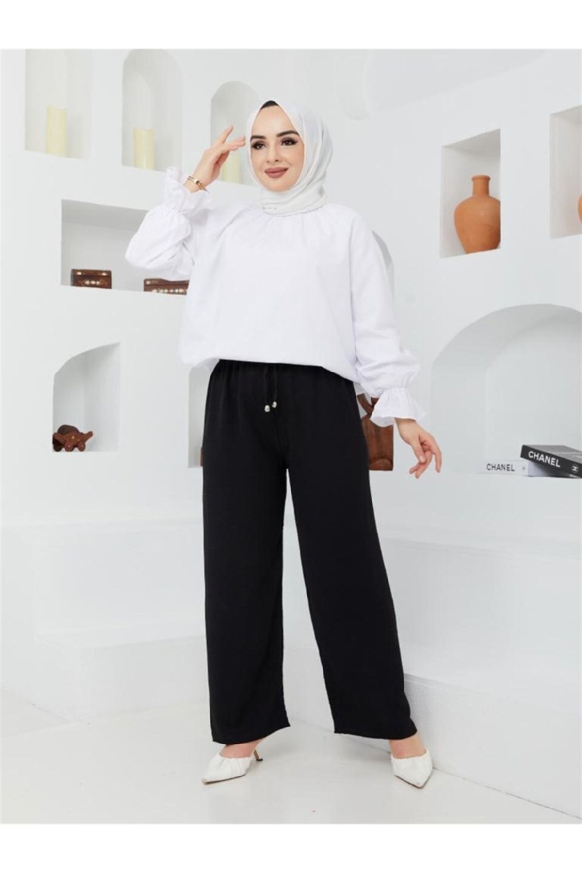 moda periy Kadın Modest Basic Beli Bağcıklı Lastikli Rahat Kalıp Yazlık Bol Paça Uzun Boy Tesettür Pantolon