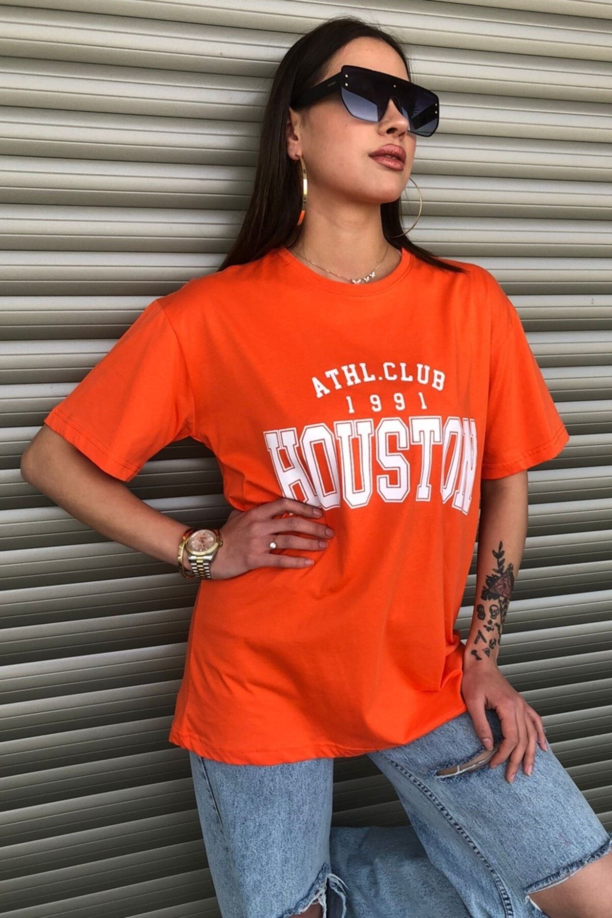 MODAGEN Kadın Houston Baskılı Oversize T-shirt Turuncu