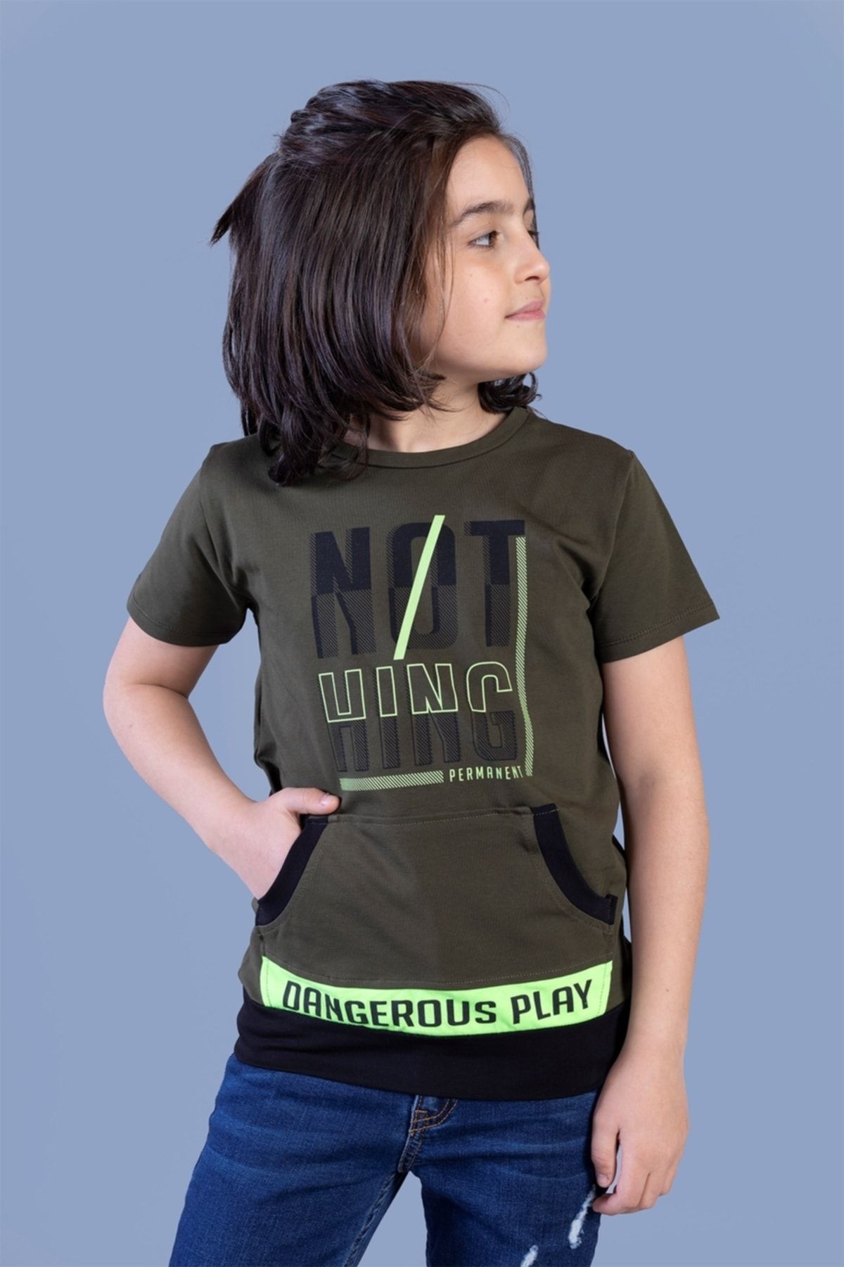 Toontoy Erkek Çocuk Haki Kanguru Cepli Neon Baskılı  T-Shirt
