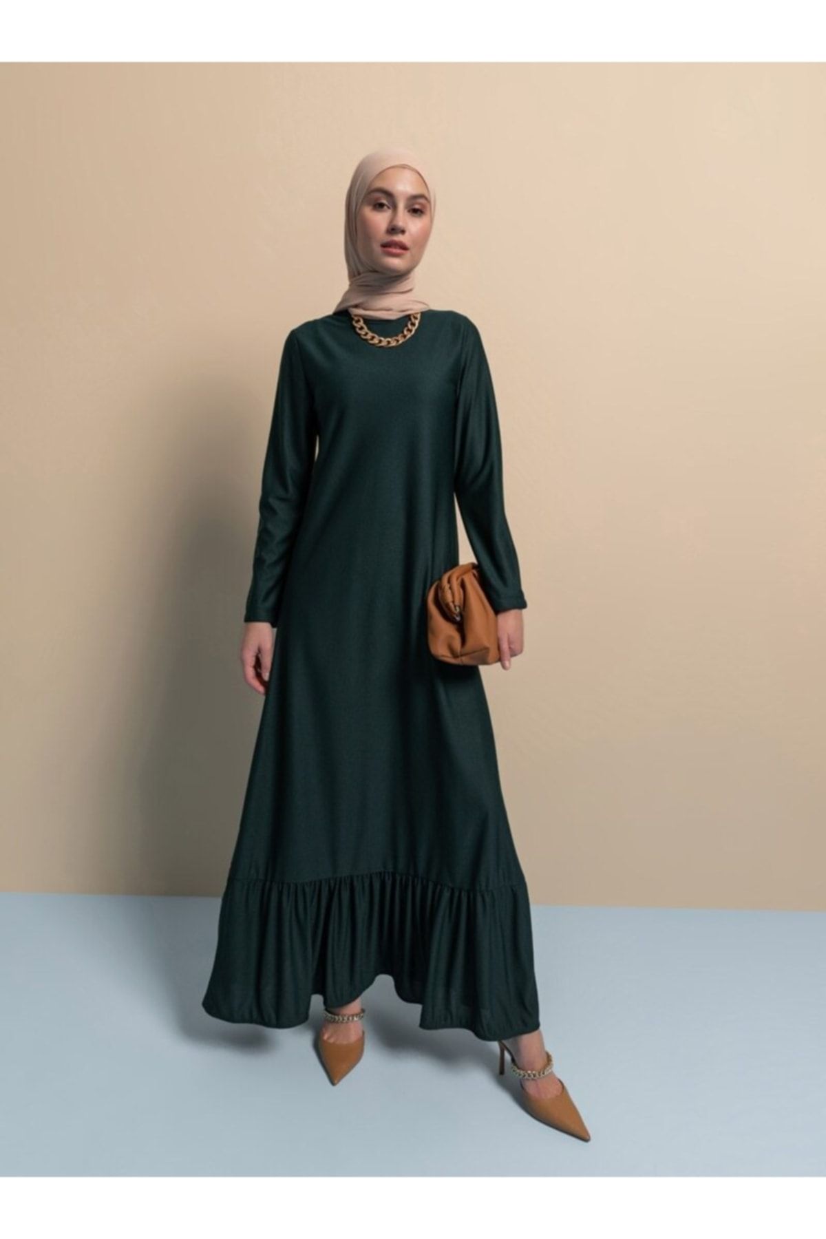 Ecesun Kadın Zümrüt Yeşili Volanlı Elbise