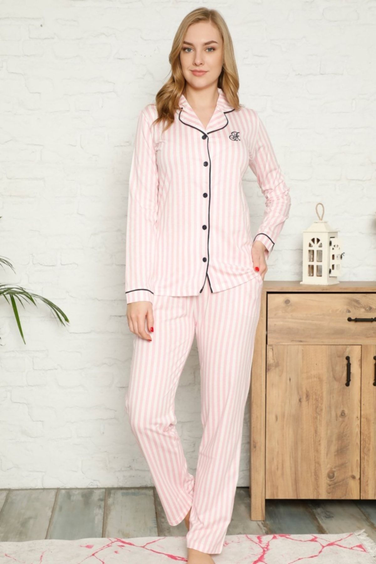 Genel Markalar Pembe Çizgili Gömlek Pijama Takımı 2568uy Pembe