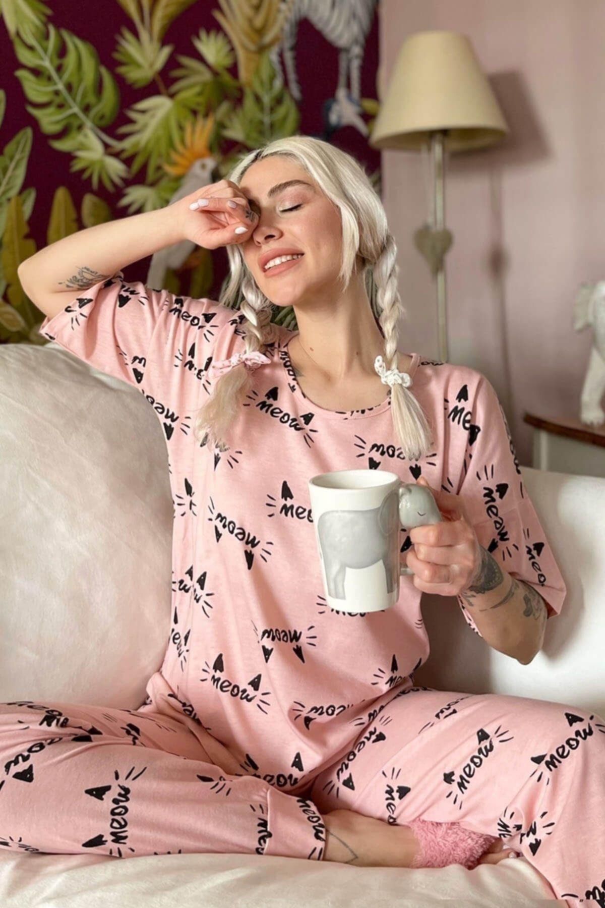 Pijamaevi Kotele Baskılı Kısa Kollu Kadın Pijama Takımı