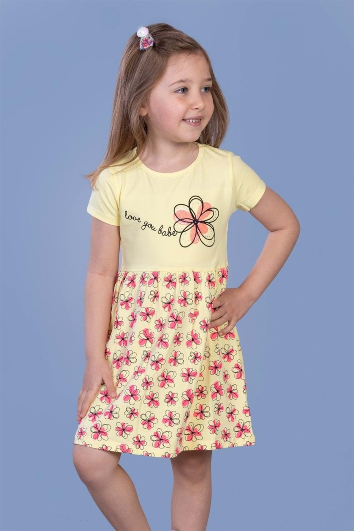Toontoy Kız Çocuk Sarı  Çiçek Desenli Yazı Nakışlı Pullu Taş Işlemeli Elbise