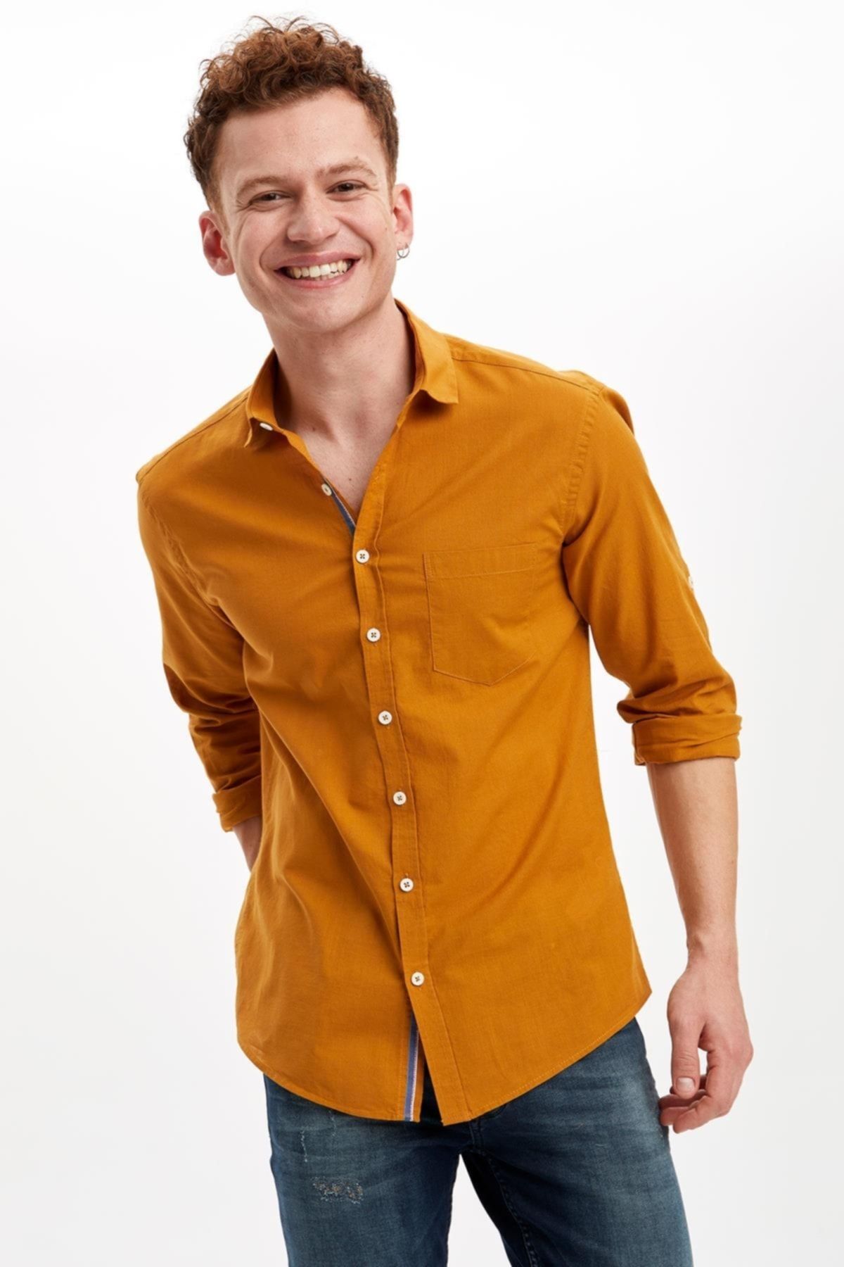 Defacto Erkek Sarı Slim Fit Basic Uzun Kollu Gömlek M5630AZ20SP