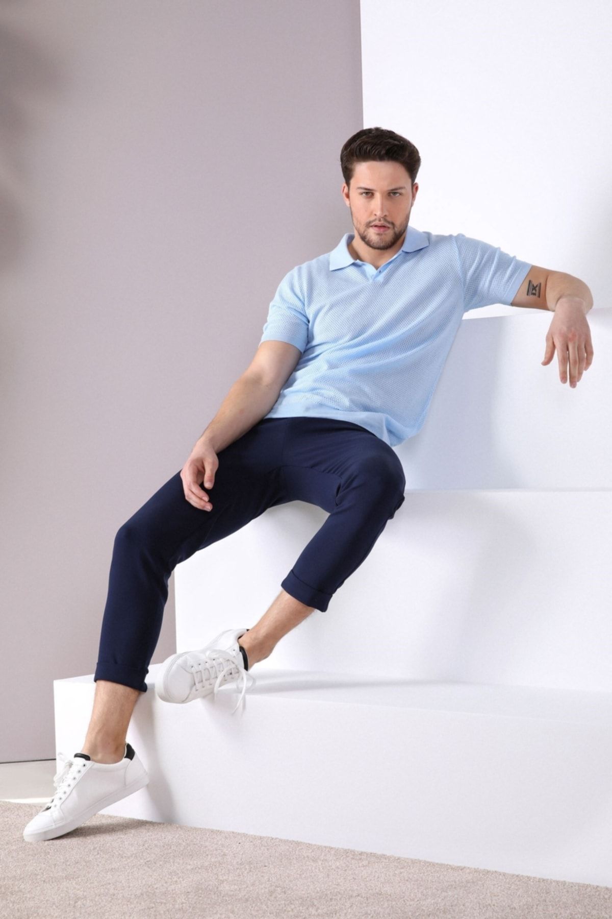 Ferraro A.mavi Polo Yaka Düğmeli %100 Pamuk Erkek Triko T-shirt