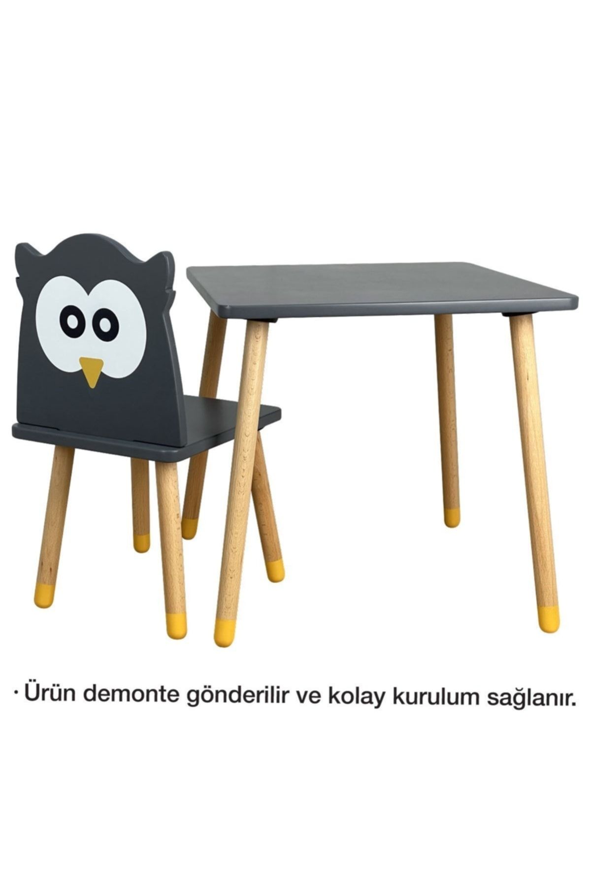 Ahşap Çocuk Oyun Ve Aktivite Masa Sandalye Takımı - Ahşap - Baykuş- Gri_3