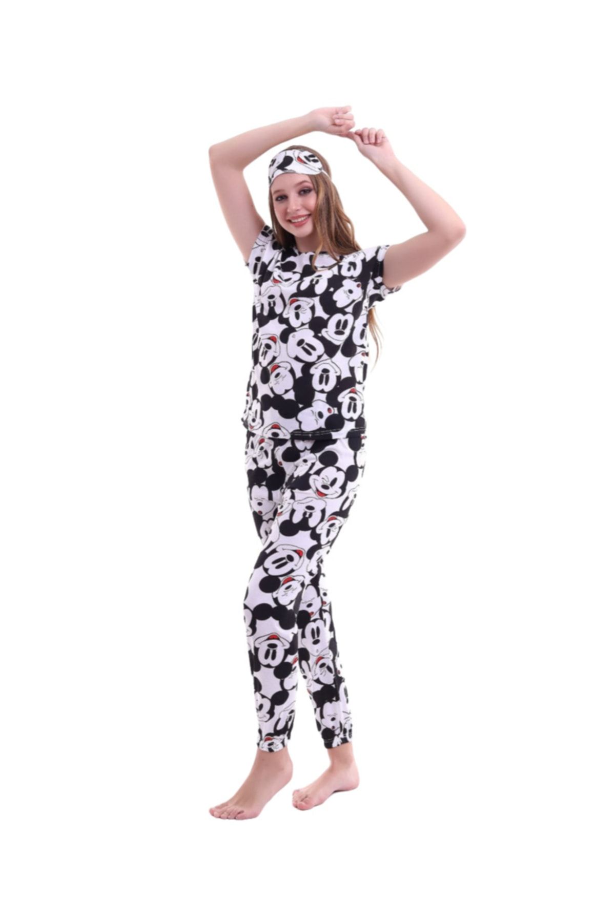 Lolliboomkids Kadın Genç Siyah Beyaz Baskılı Mickey Desen Pijama Takımı Göz Bandı Dahil 3'lü Takım