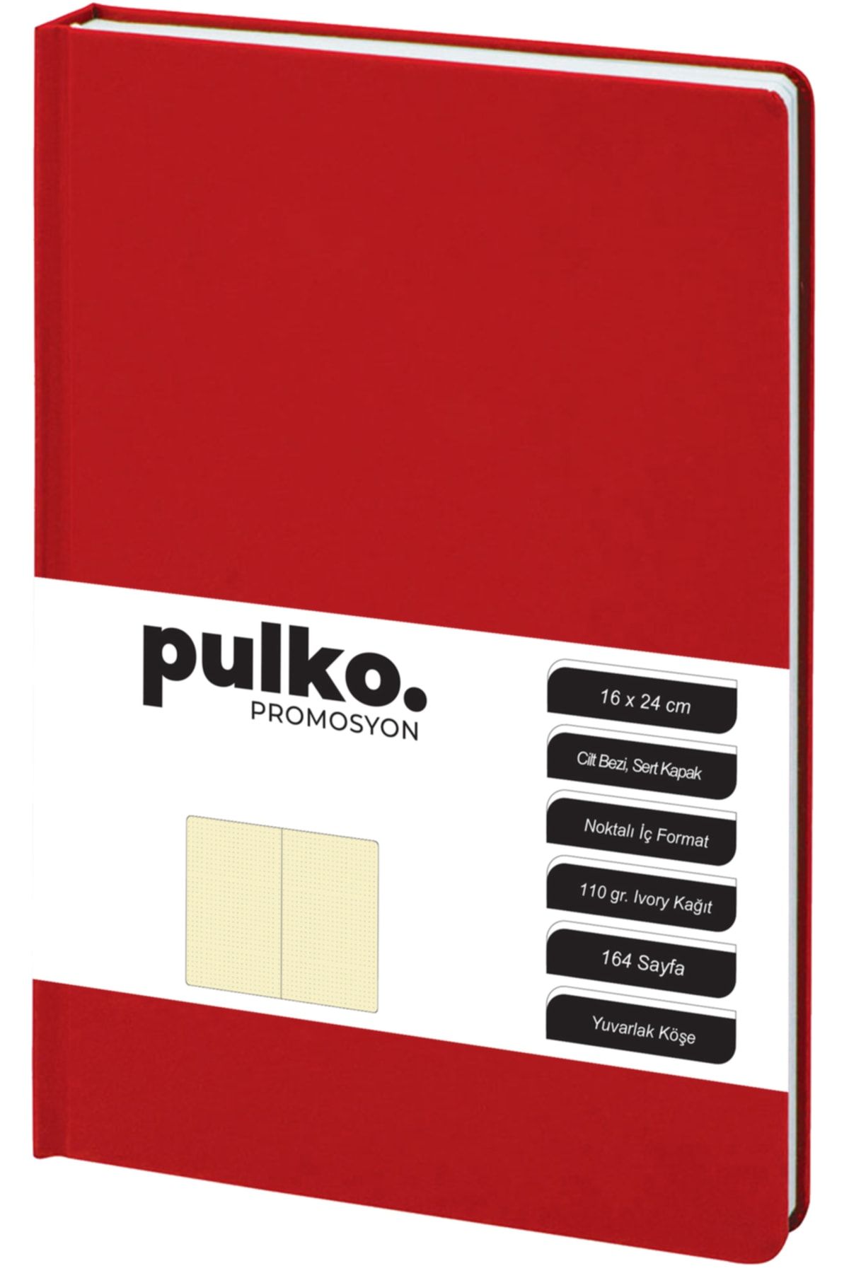 PULKO Promosyon Not Defteri, 110gr Kağıt, (16x24cm), Cilt Bezi, 164 Sayfa, Noktalı, 043, Kırmızı