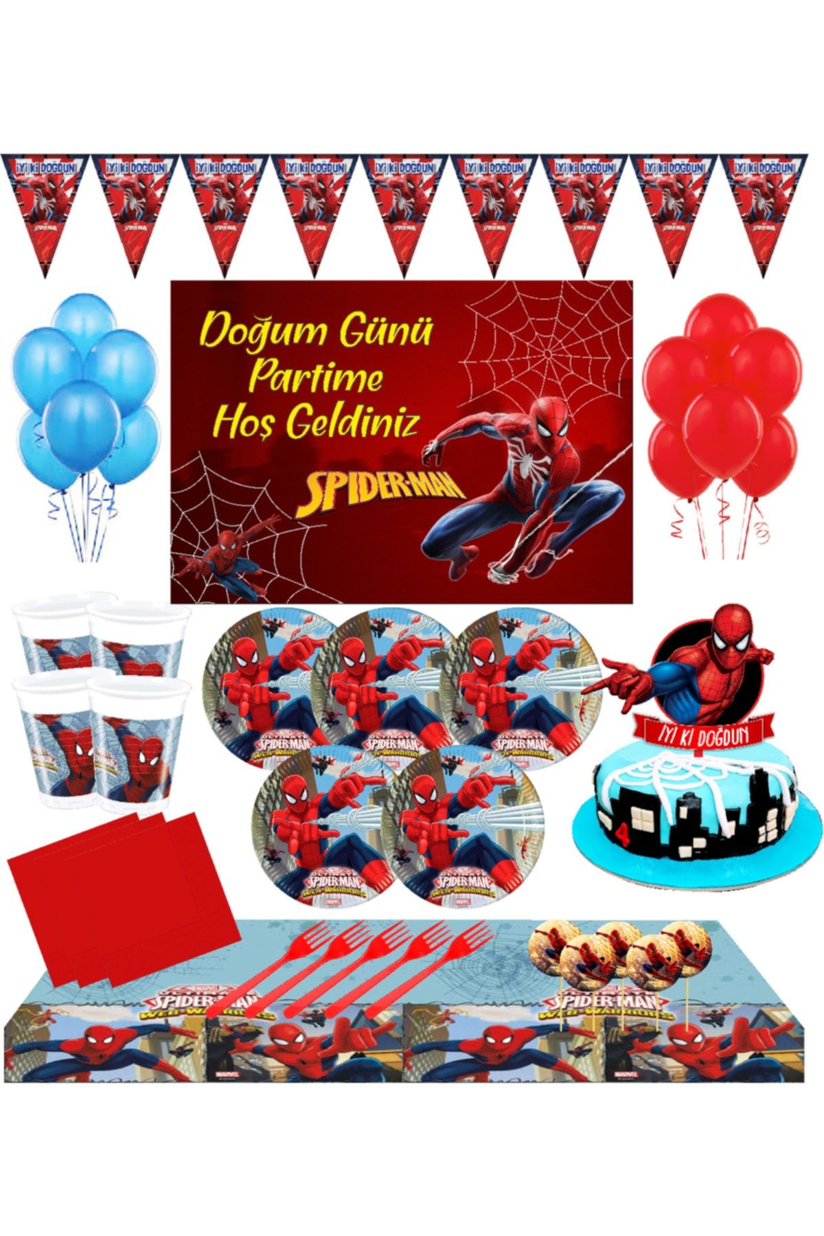 Masal Şekerleme Spiderman Afişli Örümcek Adam 8 Kişilik Doğum Günü Set Pasta Süsü Dahil