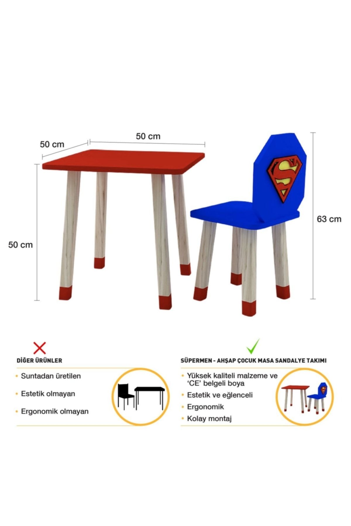 Ahşap Çocuk Oyun Ve Aktivite Masa Sandalye Takımı - Ahşap - Süpermen_3