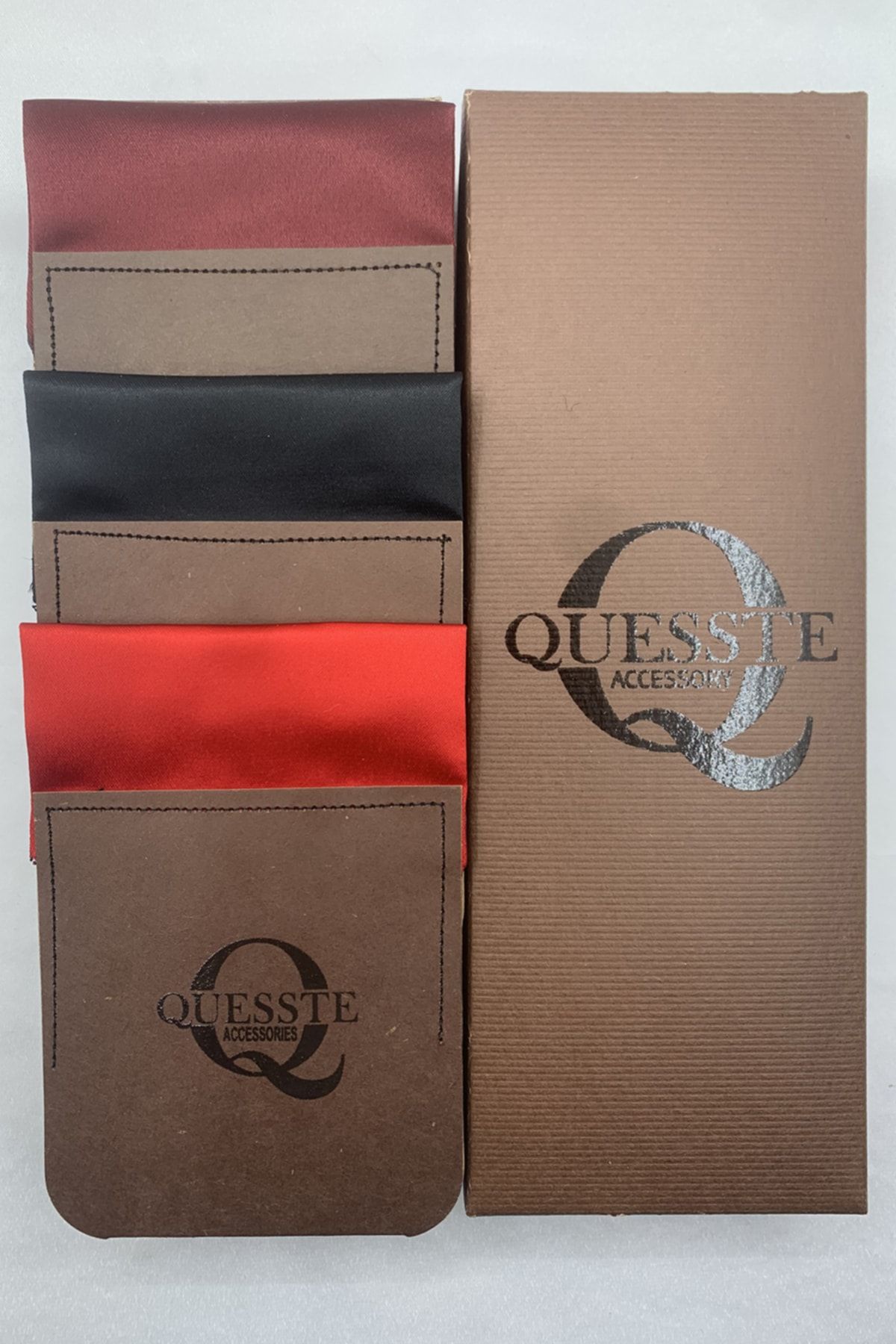 Quesste Accessory Erkek Bordo Siyah Kırmızı Hazır Katlanmış 3 Lü Set Cep Yaka Mendili