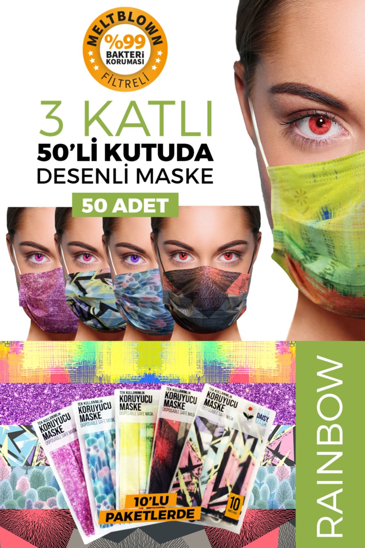 BlueDaisyMask RAİNBOW Meltblown Filtreli 5 Farklı Desen 50 Adet 3 Katlı Kokusuz Cerrahi Yüz Maskesi