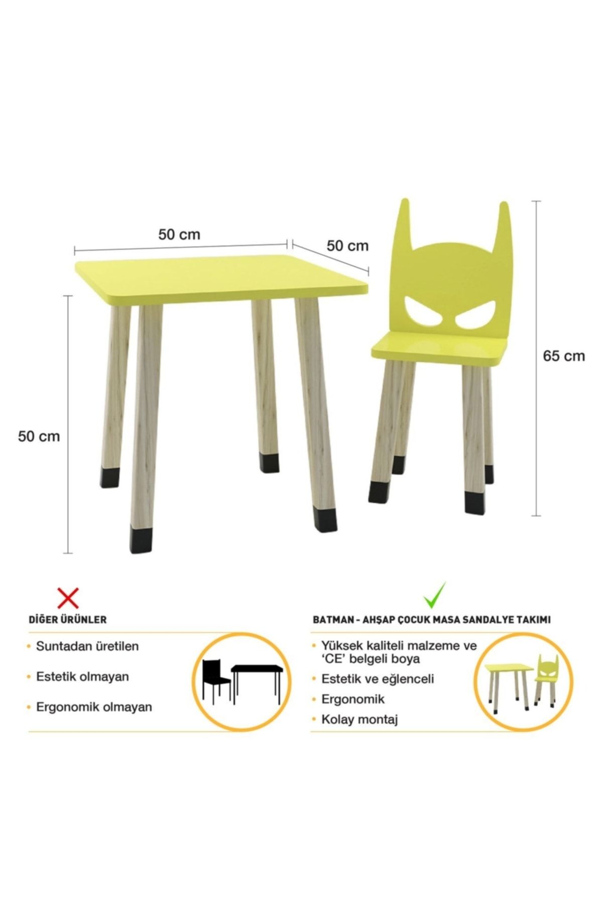 Ahşap Çocuk Oyun Ve Aktivite Masa Sandalye Takımı - Ahşap - Batman - Sarı_6