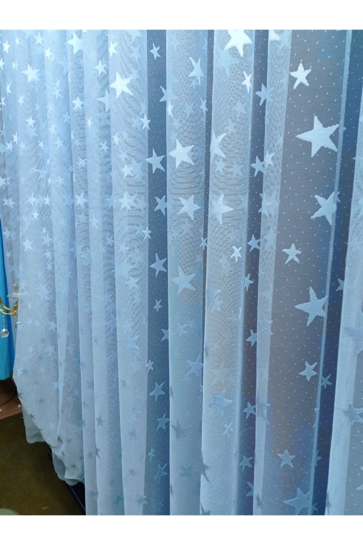 DNZEVGEREÇLERİ Çocuk Odası Yıldızlı Mavi Renk Modern Tül Perde 1/2 Pileli