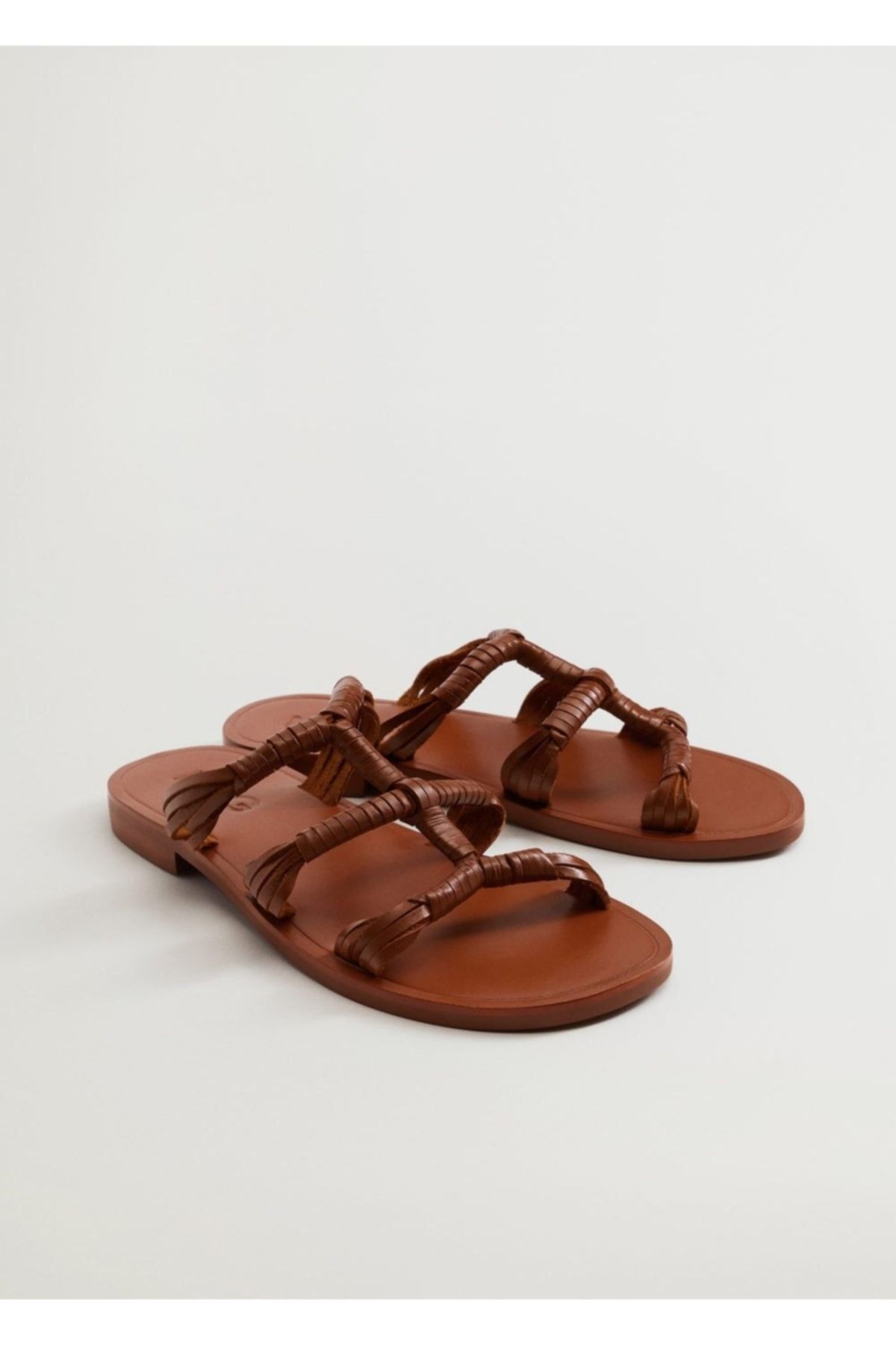 MANGO Kadın Orta Kahverengi Deri Bantlı Sandalet