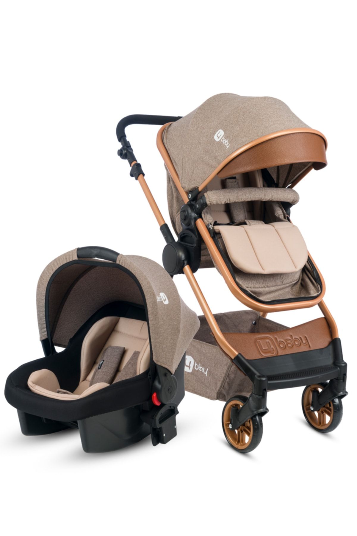 4 Baby Comfort Gold-Kahve Travel Sistem Bebek Arabası Seyahat Sistem Puset, Taşıma Koltuğu, Yağmurluk