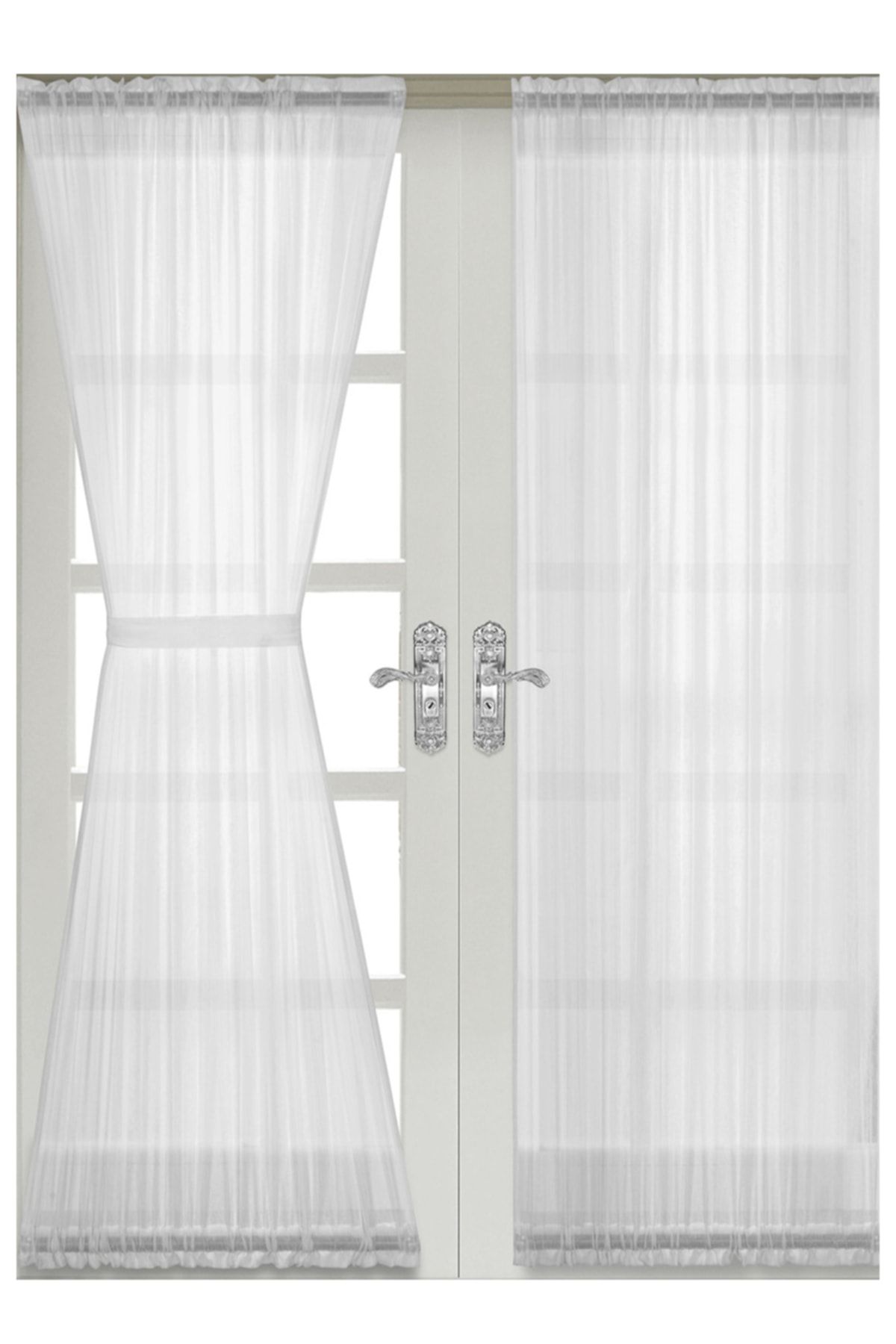 evihtiyaclarim by IOC Briz Çubuklu Ultra Büzgülü Şantuk Keten Desenli Tül Perde Kapı&pencerelere Uygun 2 Adet Takma Çubuğu