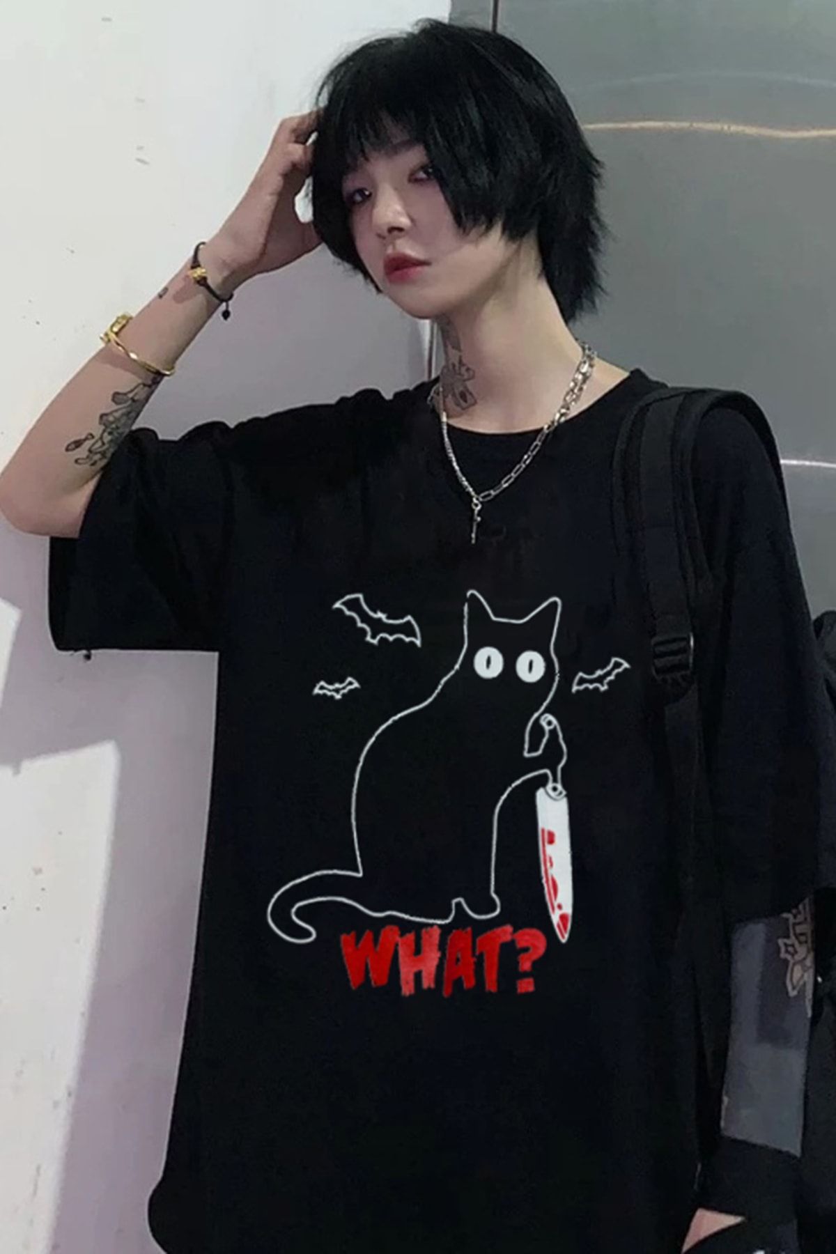 Freak Tshirt Siyah Renk Geniş Kesim Kedi Baskılı Unisex T-shirt