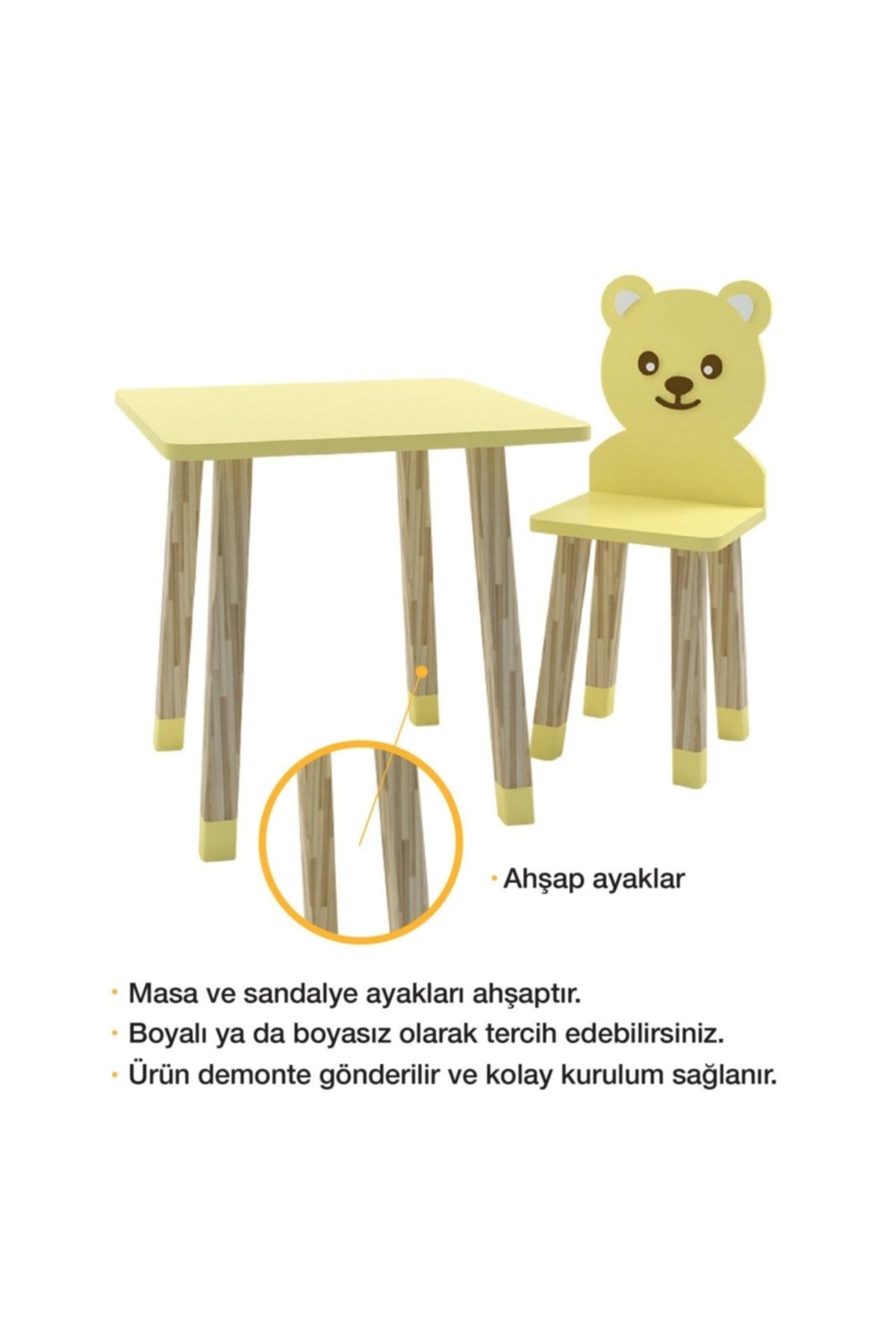 Ahşap Çocuk Oyun Ve Aktivite Masa Sandalye Takımı - Ahşap - Bear- Sarı_2