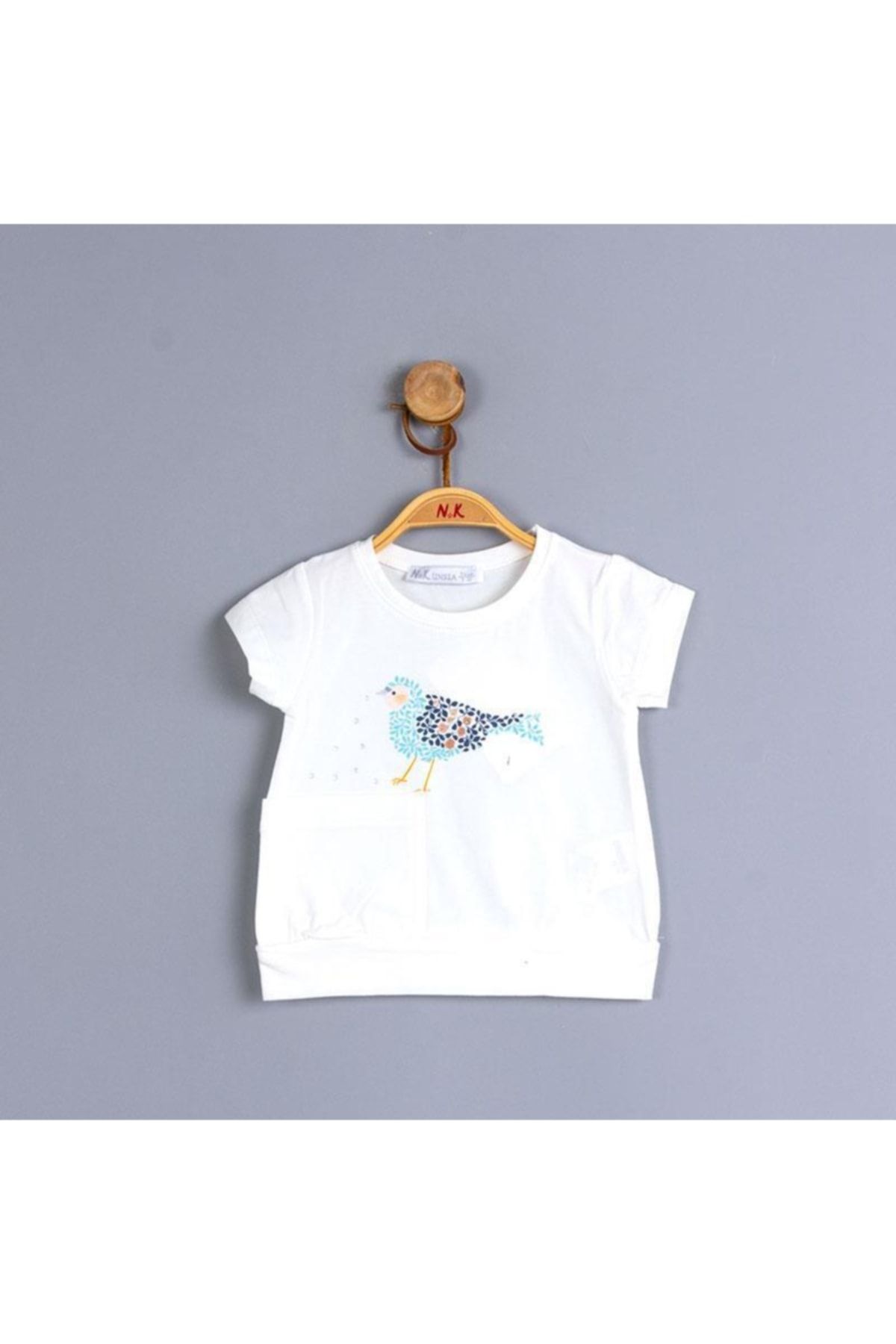NK Kız Bebek Çocuk Kuş Taşlı Tek Cepli Pamuklu Kısa Kollu Bluz