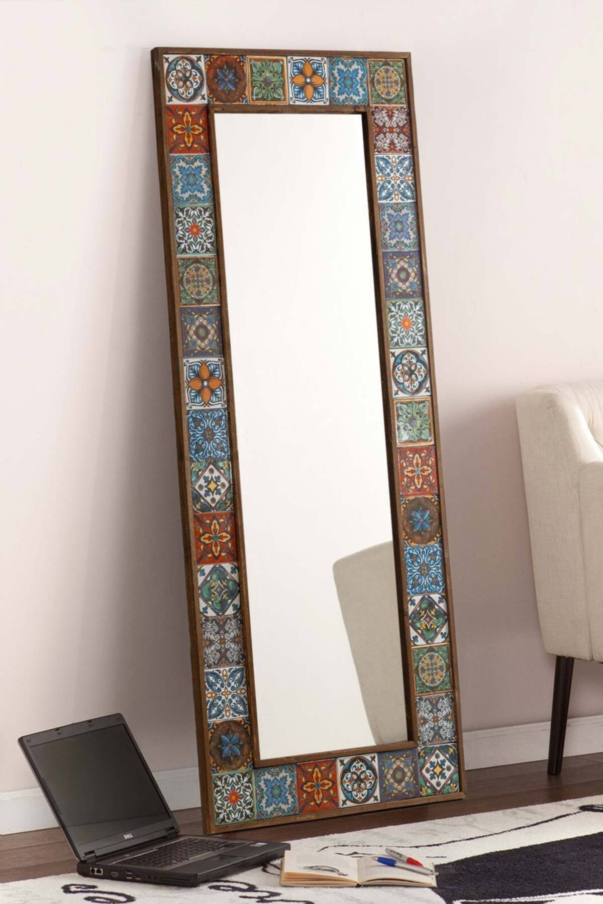 Resmo Doğal Ağaç 62x149 cm Çerçeveli (aynasız) El Yapımı Çini Seramik Kaplı Salon Boy Ayna Çerçevesi