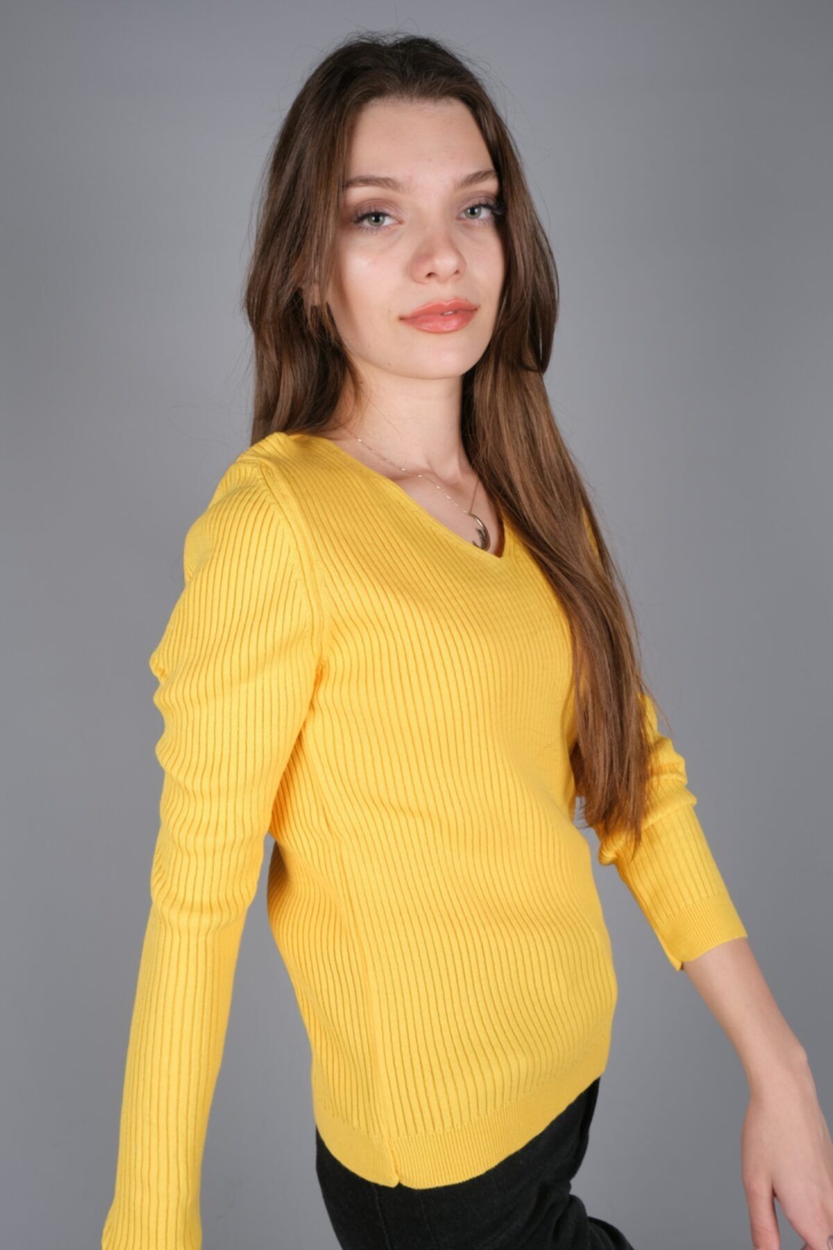 Mozilya Kadın Sarı V Yaka Sarı Triko Kazak