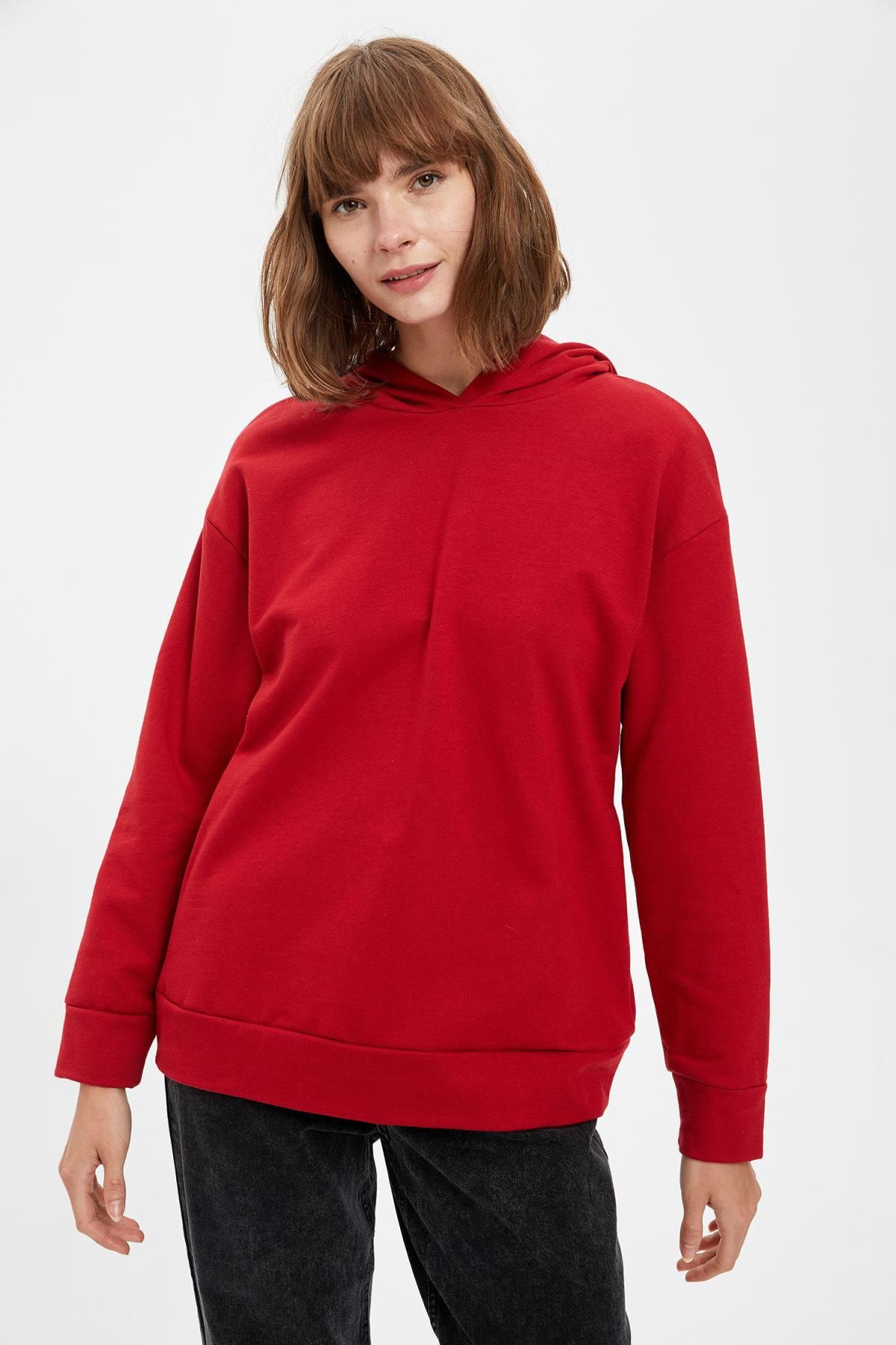 Defacto Kadın Red Regular Fit Kapüşonlu Cepsiz Uzun Kollu Sweatshirt R4740AZ20AU