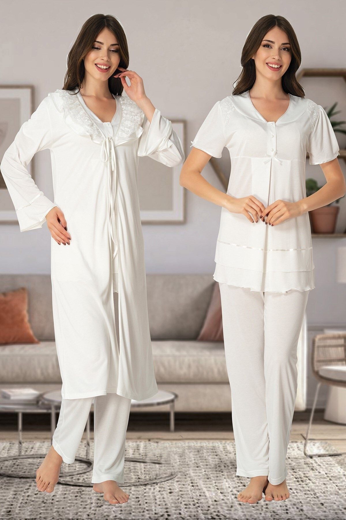 Genel Markalar Kadın Ekru Dantel Sabahlıklı Lohusa Pijama Takımı 8024