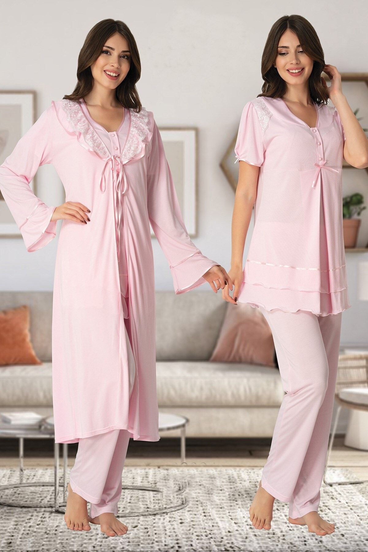 Genel Markalar Kadın Pembe Dantel Sabahlıklı Lohusa Pijama Takımı 8024