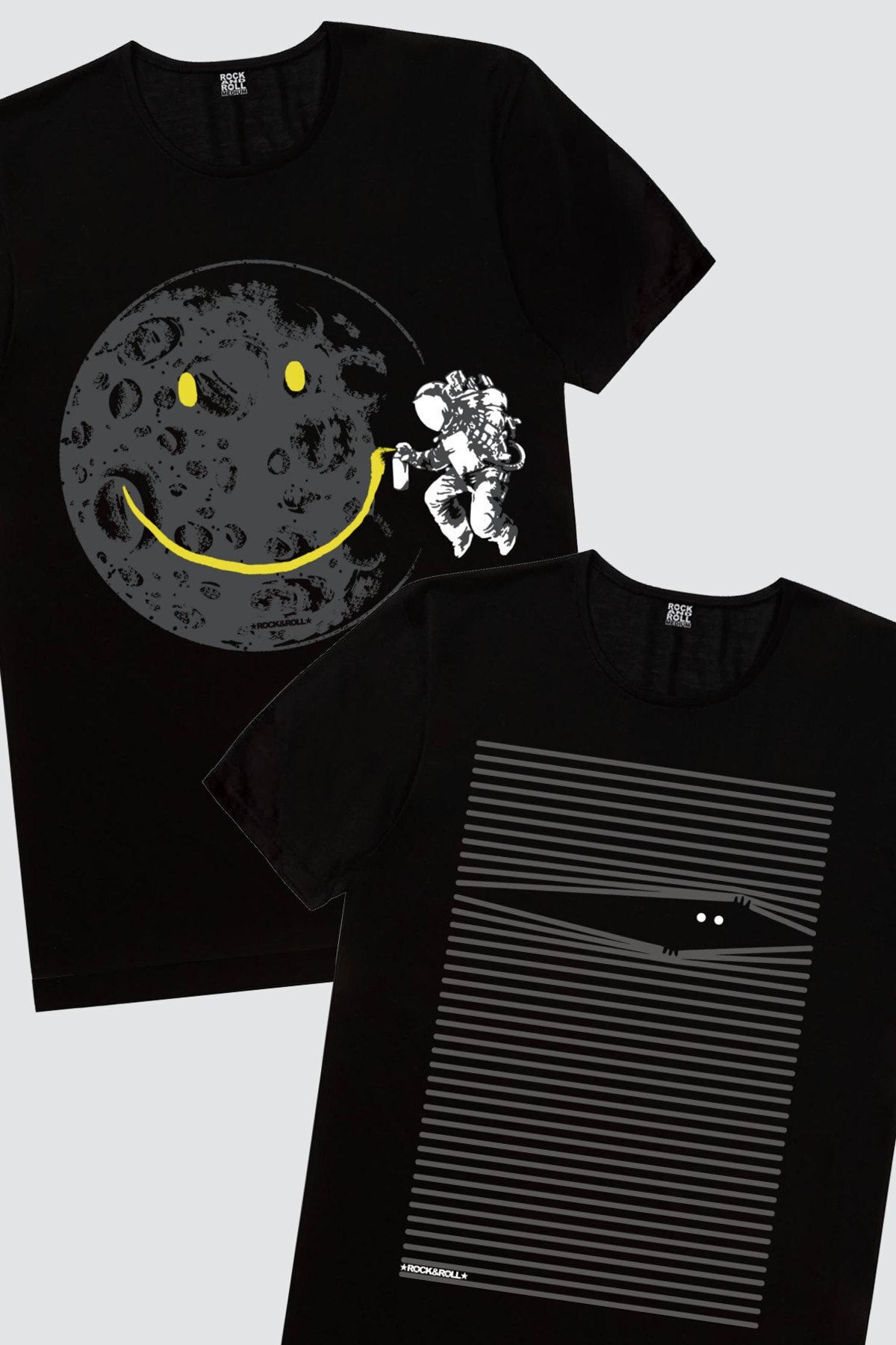 ROCKANDROLL Kadın Siyah Noluya Ya, Siyah Grafitici Astronot 2'li Eko Komik Paket T-shirt